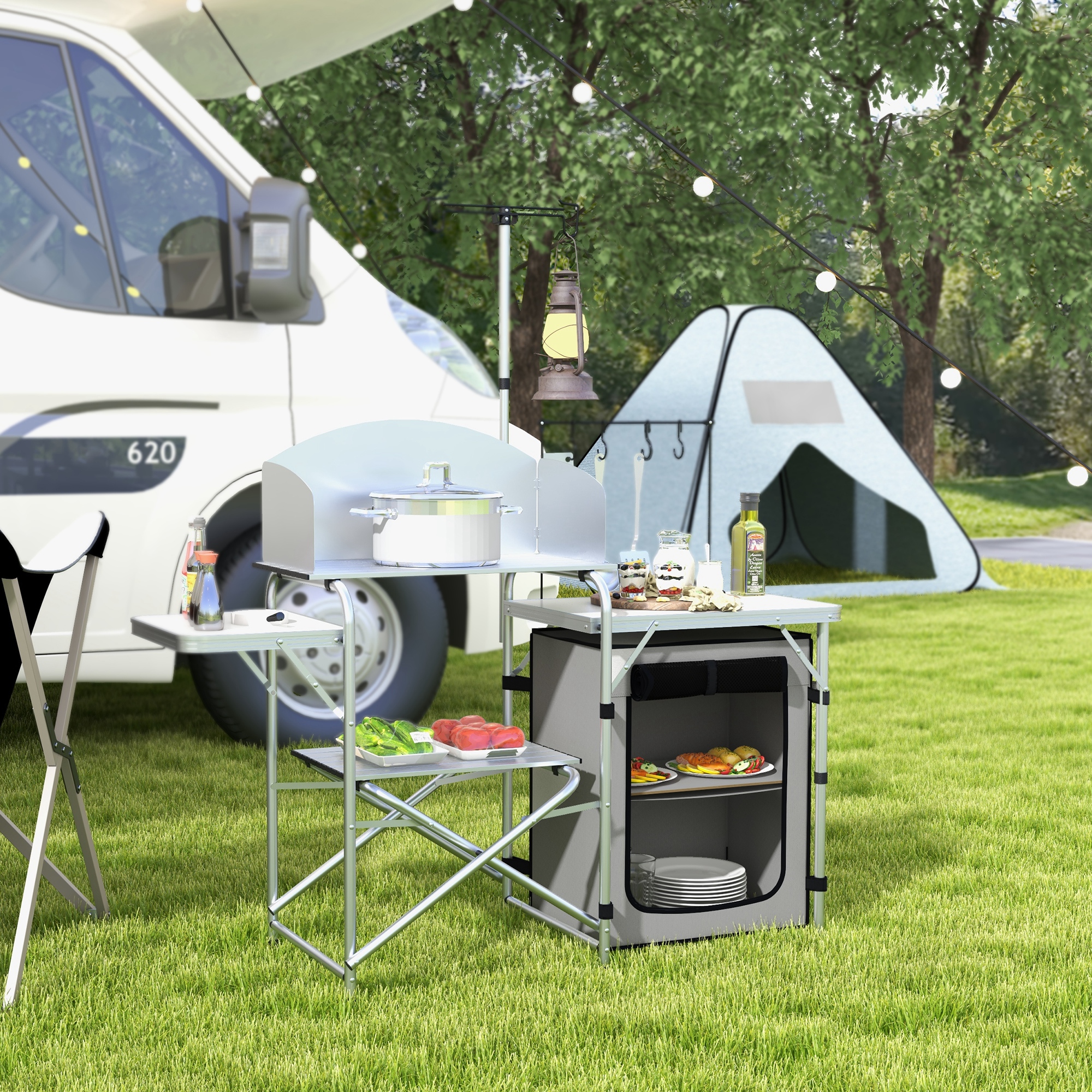 Outsunny Portable Camping Kitchen with Cupboard, Aluminium Folding Table with Windshield & Light Stand, Includes Carrying Bag