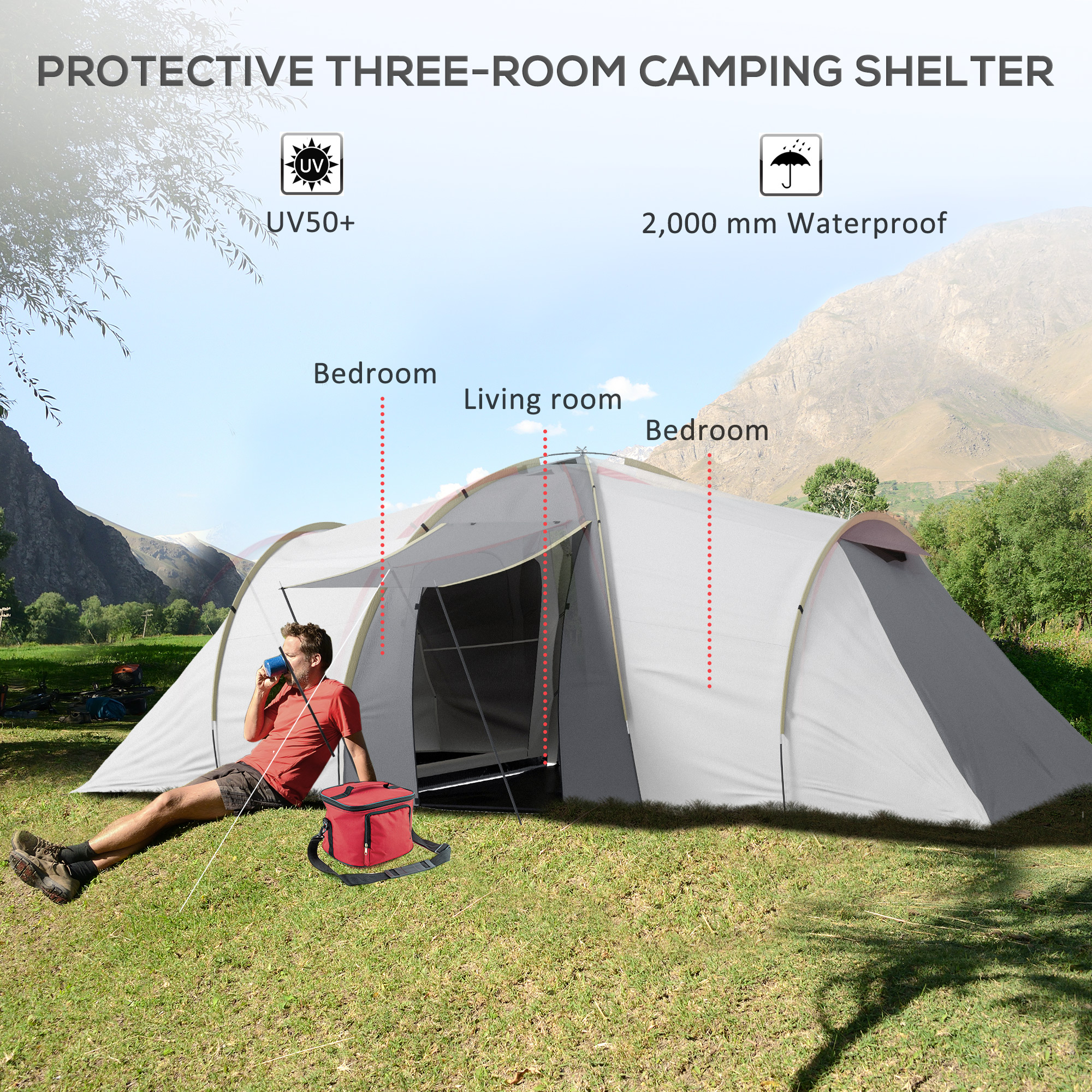 Outsunny 4-6 Person Tunnel Tent, Two Bedrooms, 2000mm Waterproof, UV50+ Protection, Ideal for Outdoor Activities, Carry Bag Included