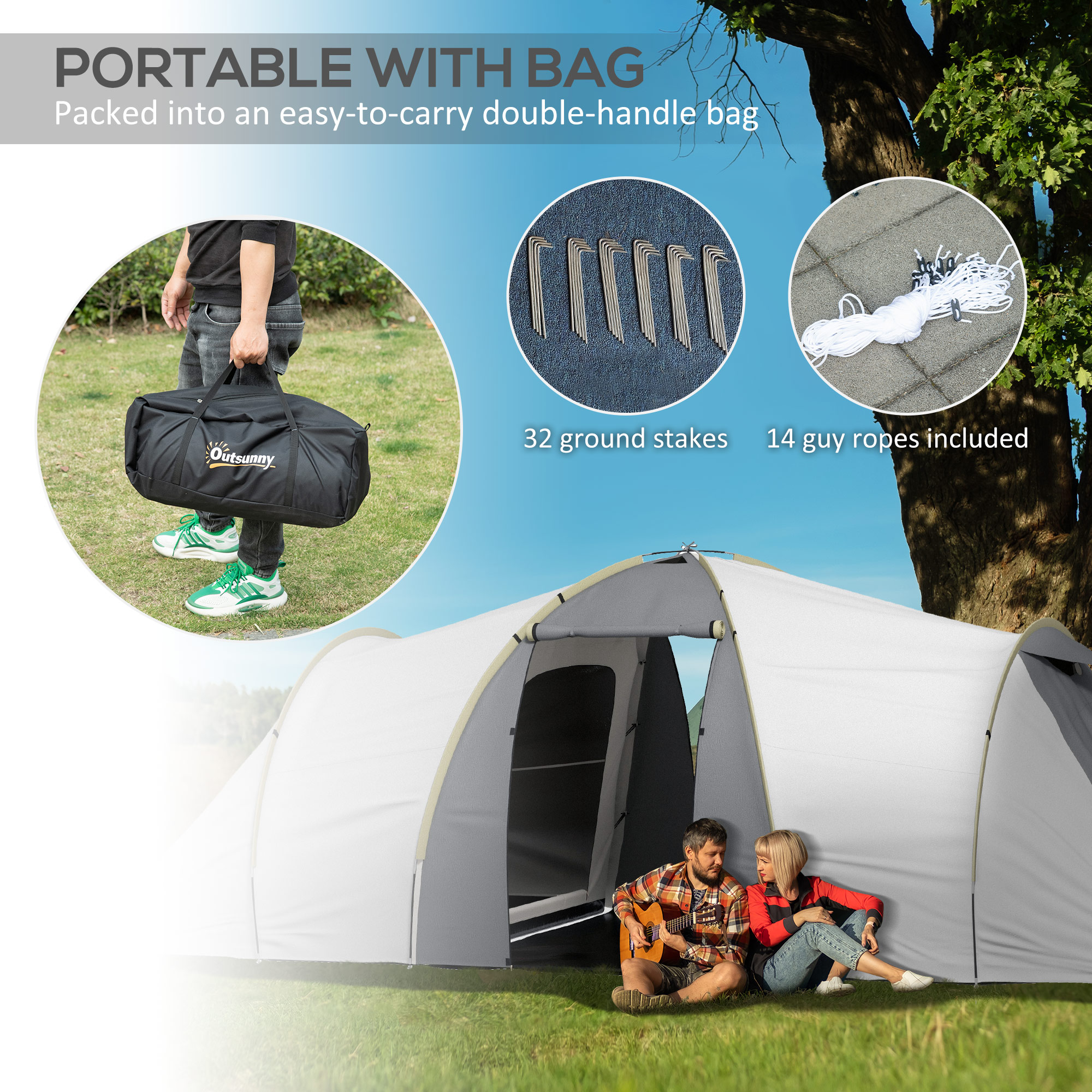 Outsunny 4-6 Person Tunnel Tent, Two Bedrooms, 2000mm Waterproof, UV50+ Protection, Ideal for Outdoor Activities, Carry Bag Included