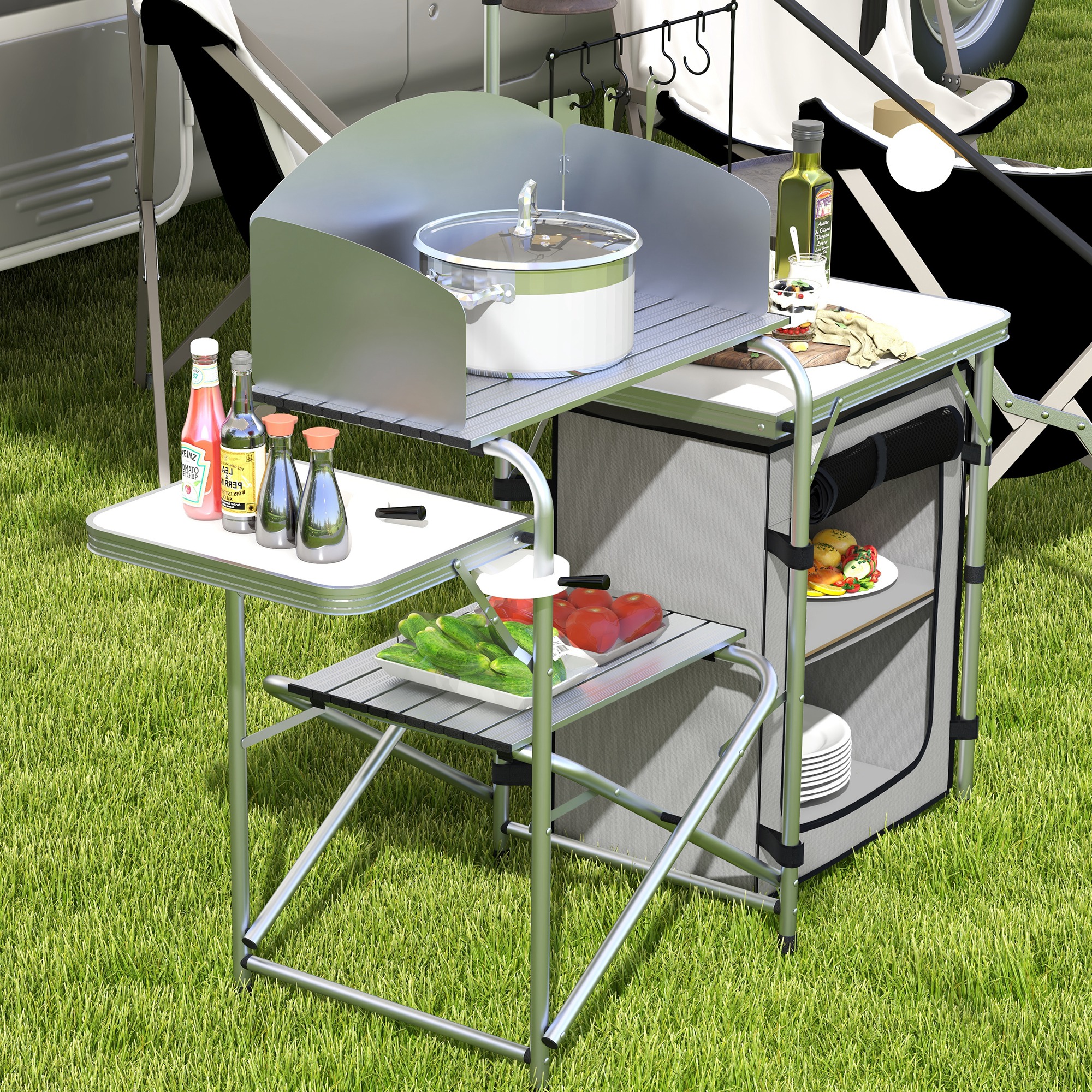 Outsunny Portable Camping Kitchen with Cupboard, Aluminium Folding Table with Windshield & Light Stand, Includes Carrying Bag