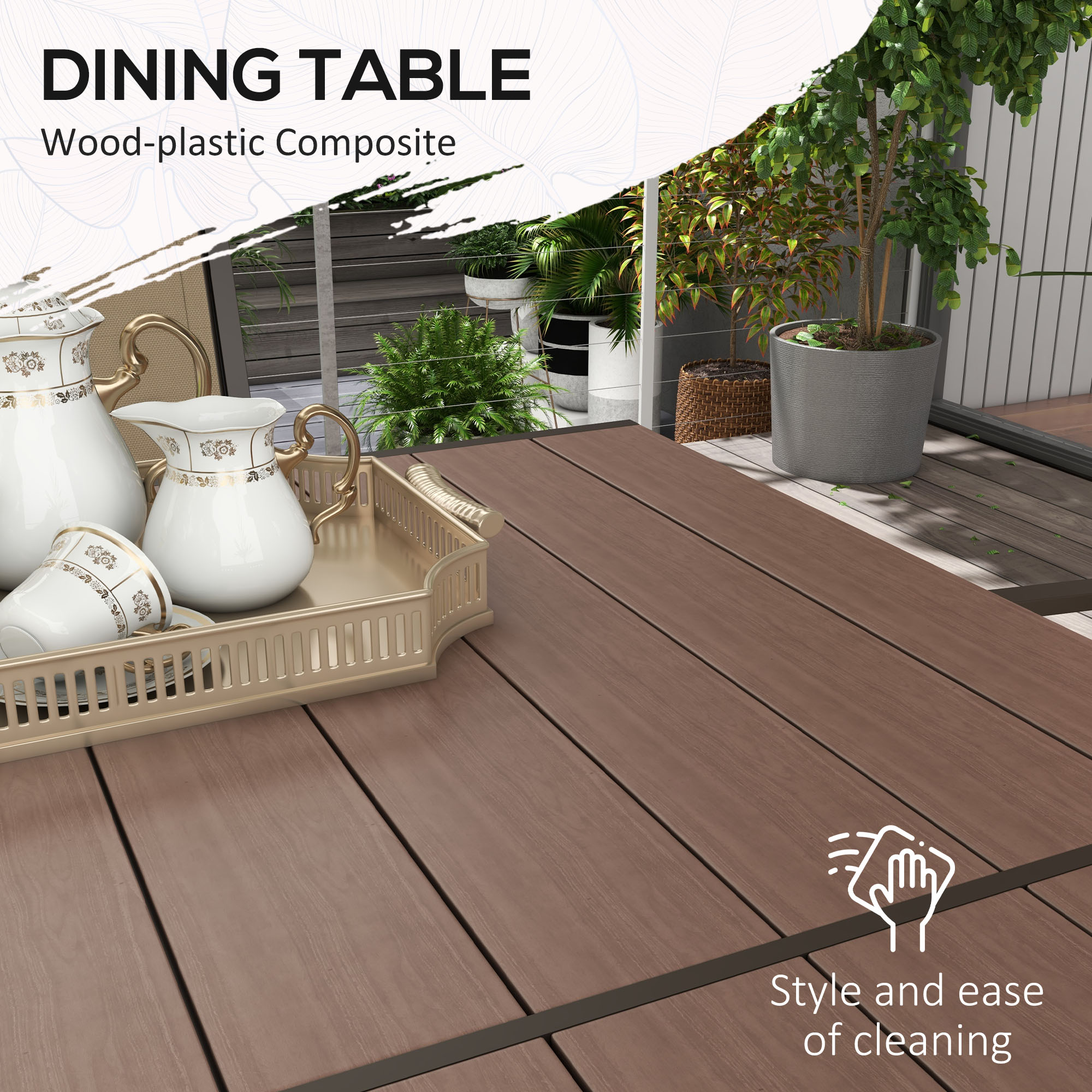 Outsunny 7 Pieces Garden Dining Set with Wood-plastic Composite Dining Table, Outdoor Table and 6 Stackable Armchairs with Texteline Seat