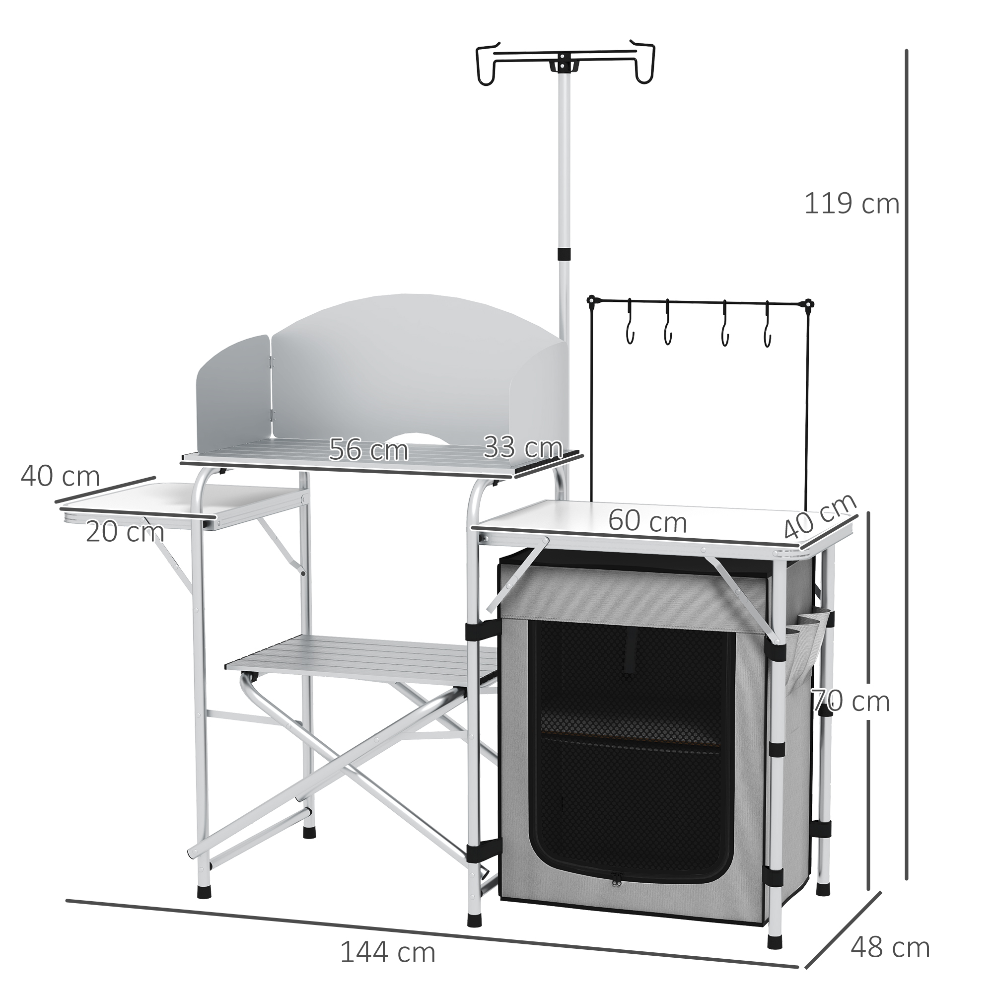 Outsunny Portable Camping Kitchen with Cupboard, Aluminium Folding Table with Windshield & Light Stand, Includes Carrying Bag