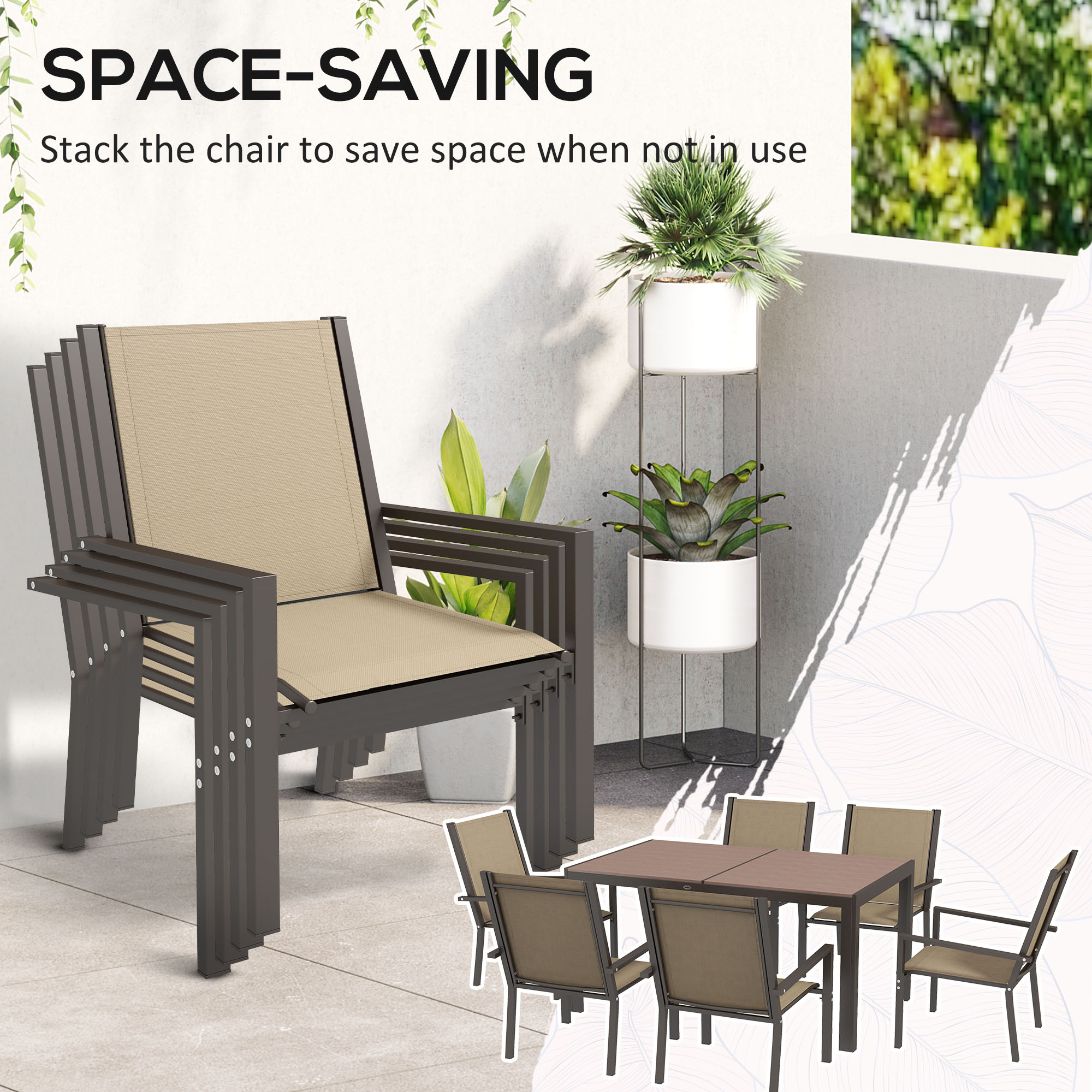 Outsunny 7 Pieces Garden Dining Set with Wood-plastic Composite Dining Table, Outdoor Table and 6 Stackable Armchairs with Texteline Seat