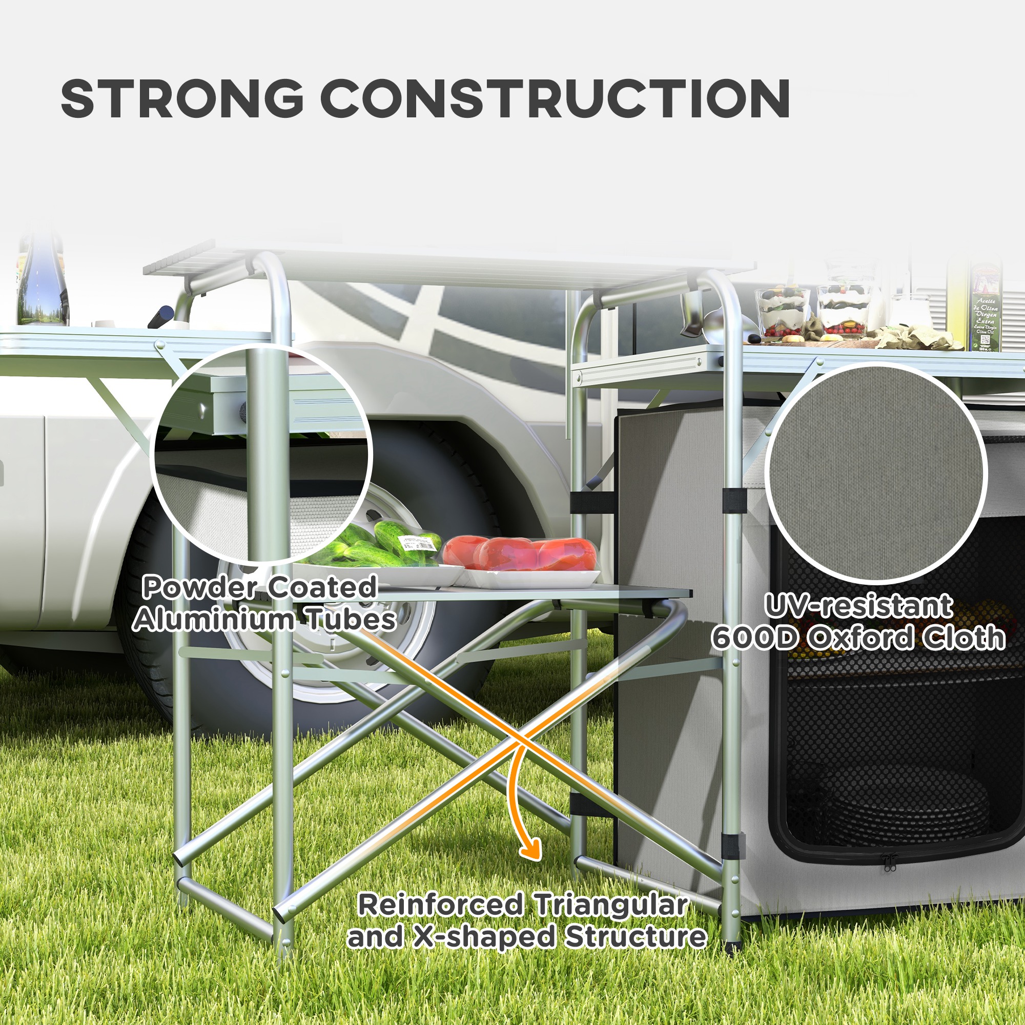 Outsunny Portable Camping Kitchen with Cupboard, Aluminium Folding Table with Windshield & Light Stand, Includes Carrying Bag