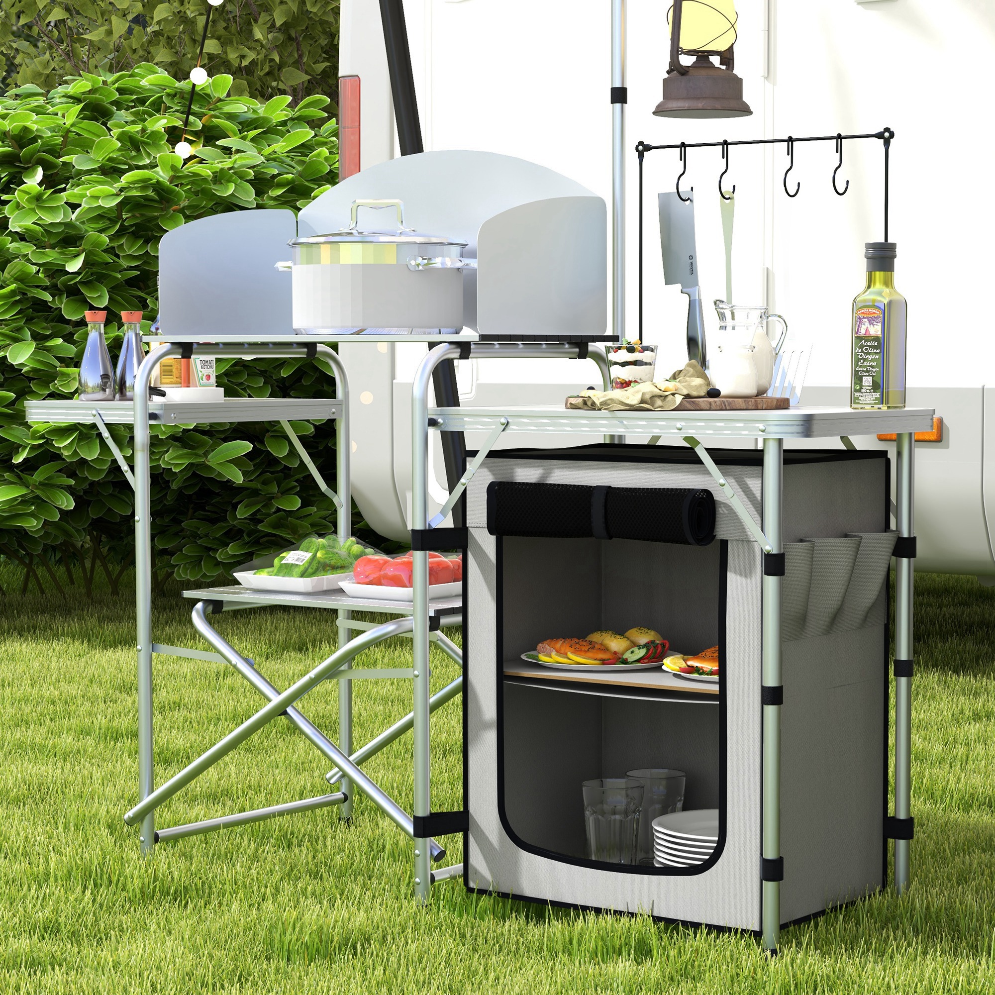 Outsunny Portable Camping Kitchen with Cupboard, Aluminium Folding Table with Windshield & Light Stand, Includes Carrying Bag