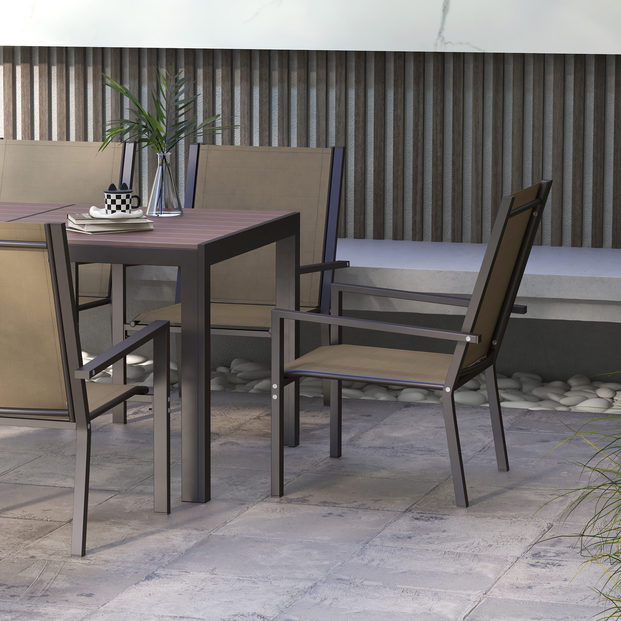 Outsunny 7 Pieces Garden Dining Set with Wood-plastic Composite Dining Table, Outdoor Table and 6 Stackable Armchairs with Texteline Seat