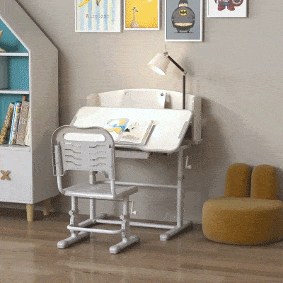 ZONEKIZ Pupitre Infantil Altura Ajustable con 1 Cajón 1 Estante y Ángulo de Mesa Ajustable 80x54,5x82-104 cm Gris y Blanco