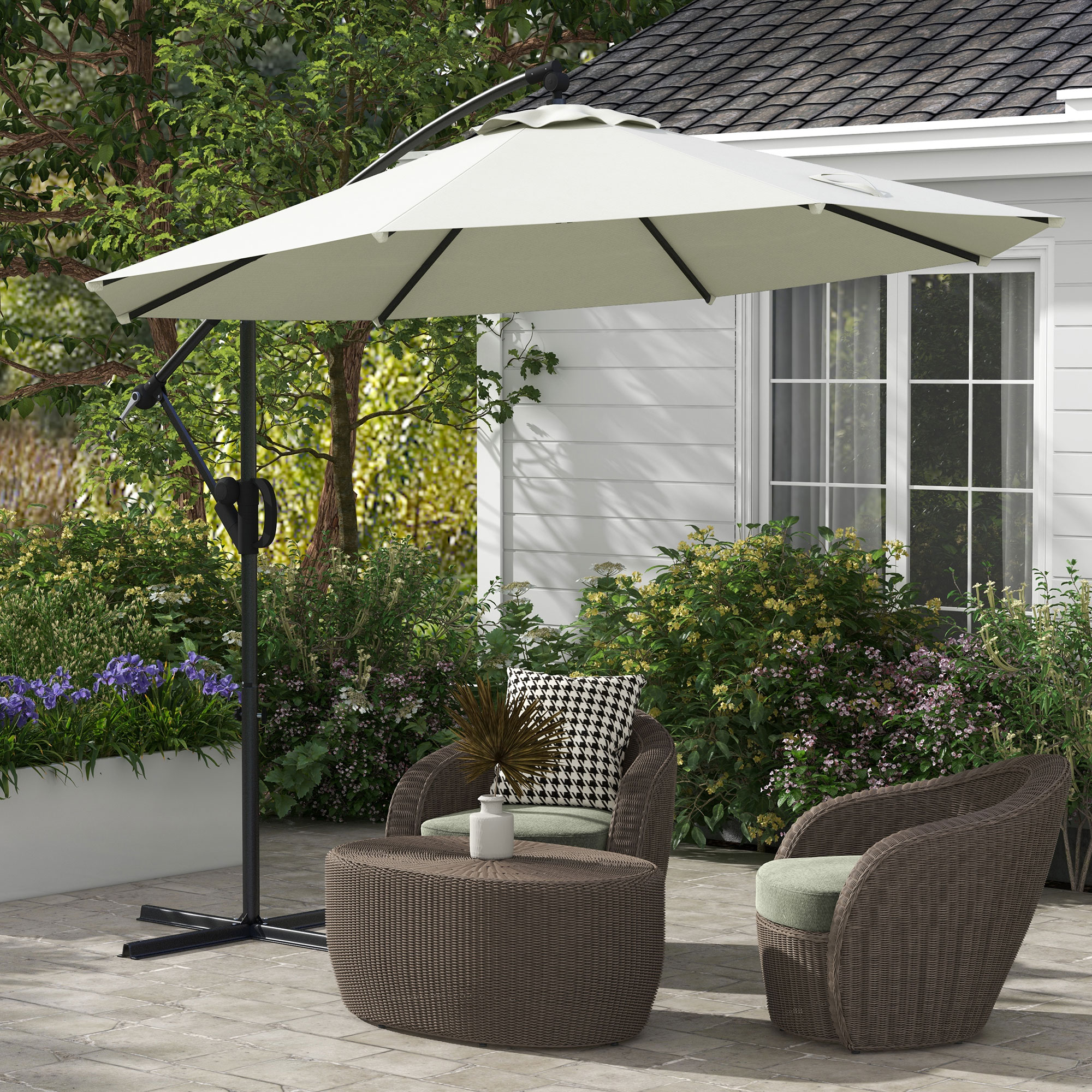Outsunny 3(m) Cantilever Parasol with Cross Base, Banana Parasol with Crank Handle, Tilt and 8 Ribs, Round Hanging Patio Umbrella