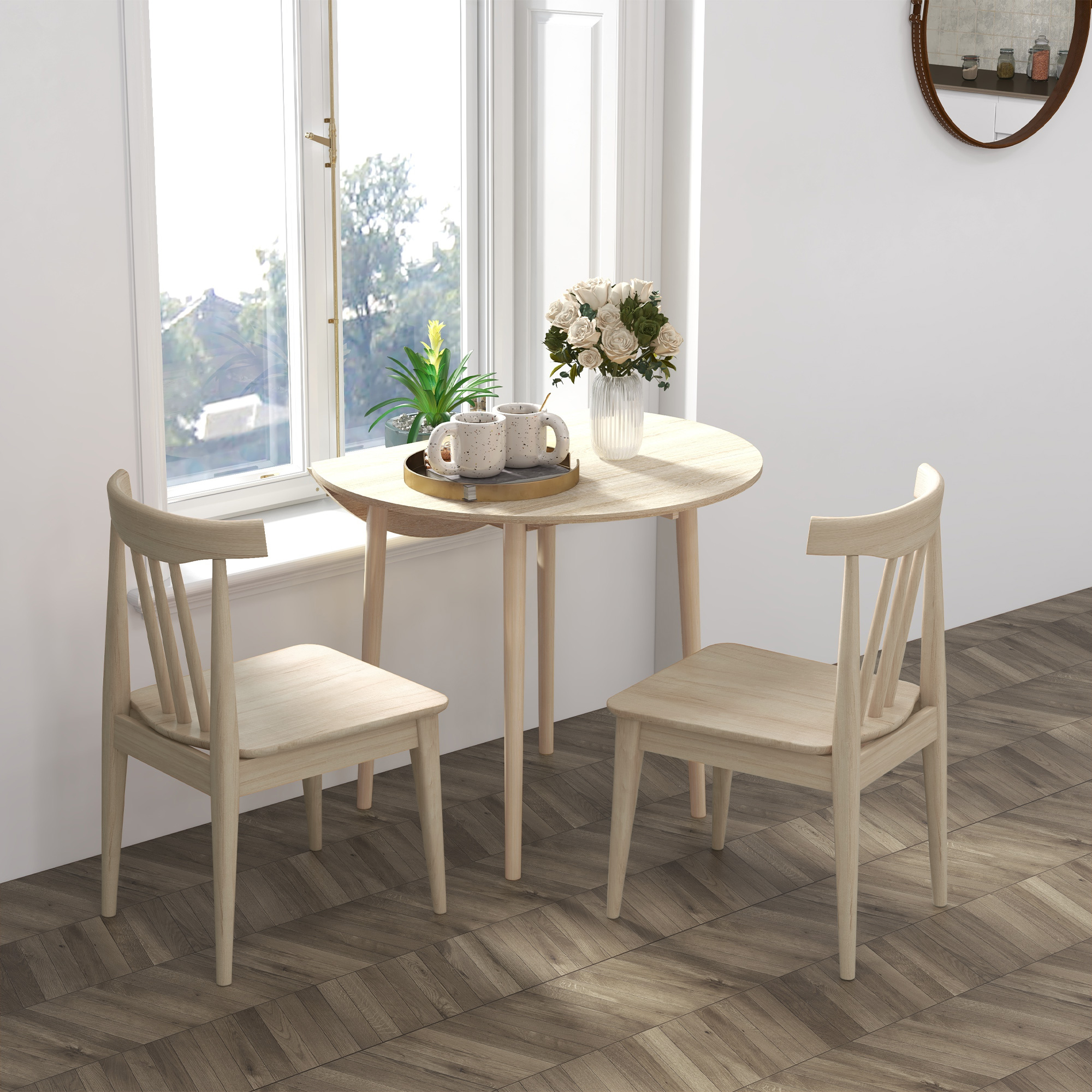 HOMCOM Folding Dining Table, Round Drop Leaf Table, Space Saving Small Kitchen Table with Wood Legs for Dining Room, Natural