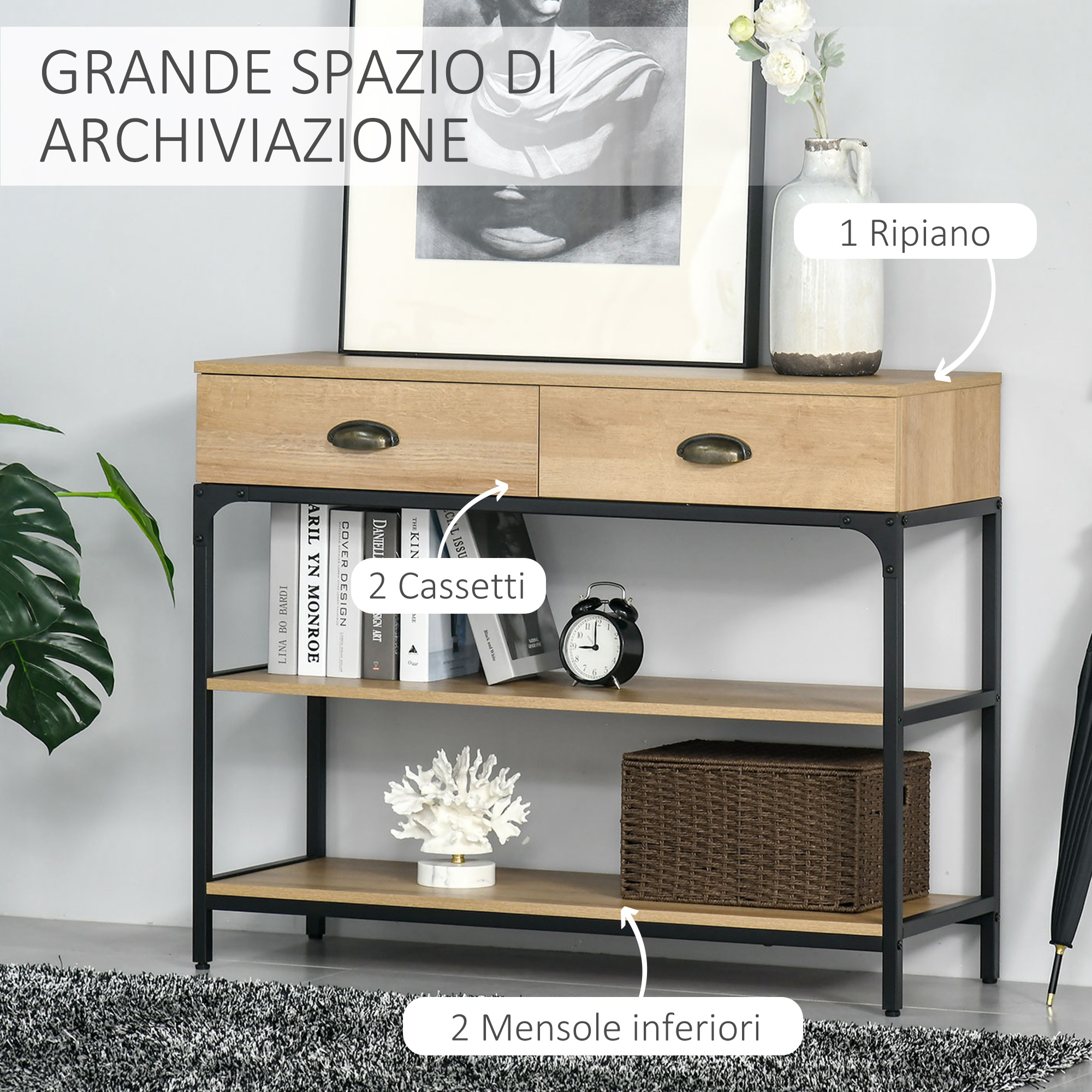 Tavolo consolle moderno piano in vetro struttura in metallo con 2