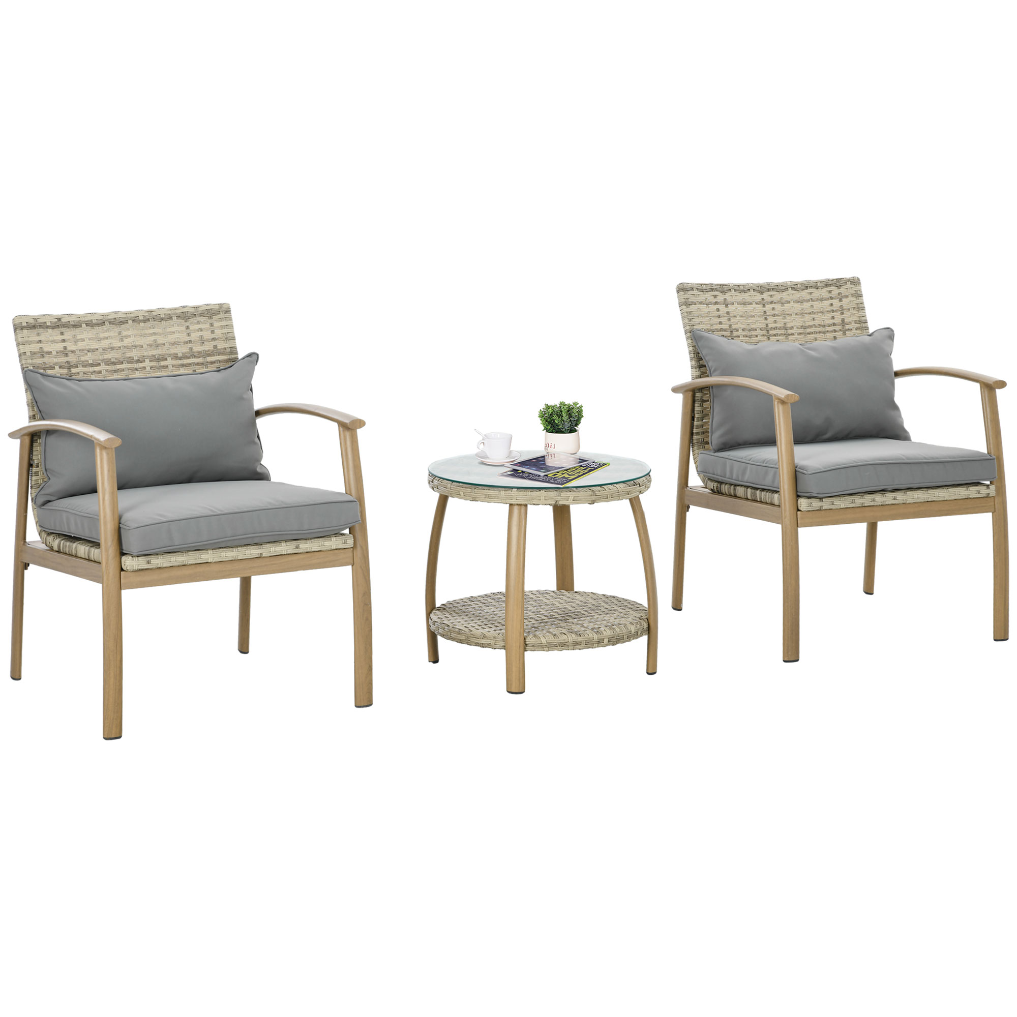 Poze Outsunny Set Mobilier Terasă 3 Piese din Răchită, Salon Exterior cu Perne Moi și Masă de Cafea din Sticlă Securizată, Confortabil | Aosom Romania