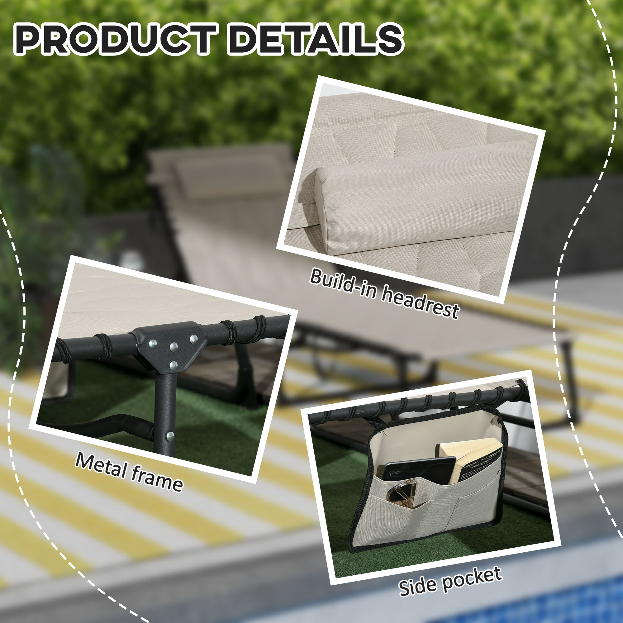 Outsunny Foldable Sun Lounger Set w/ 5-level Reclining Back, Outdoor Tanning Chairs w/ Build-in Padded Seat, Side Pocket, Headrest