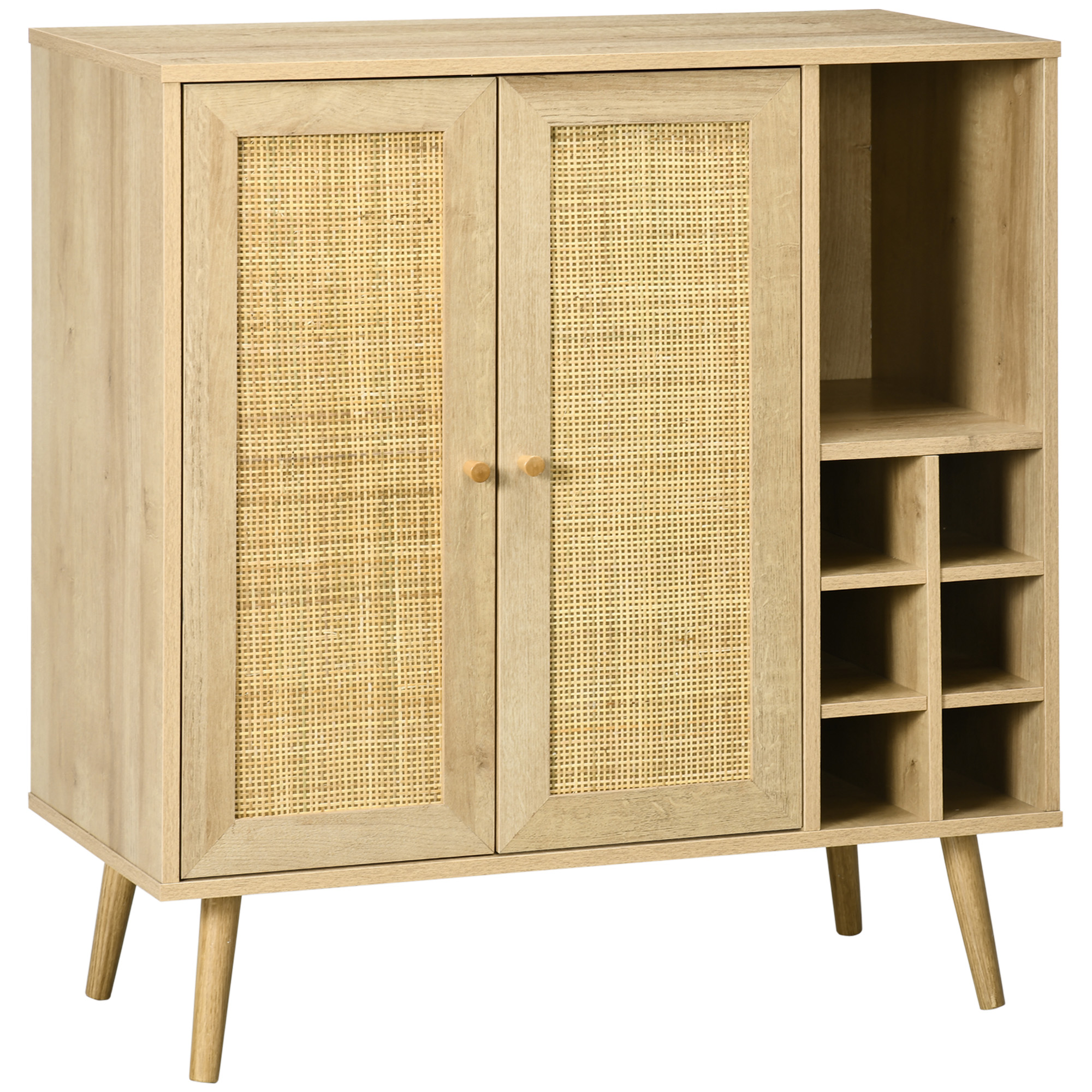 HOMCOM Aparador de Cocina Mueble Buffet Auxiliar con Puertas de Rejilla y Botellero Estilo Cannage 83x39x88,5 cm Natural