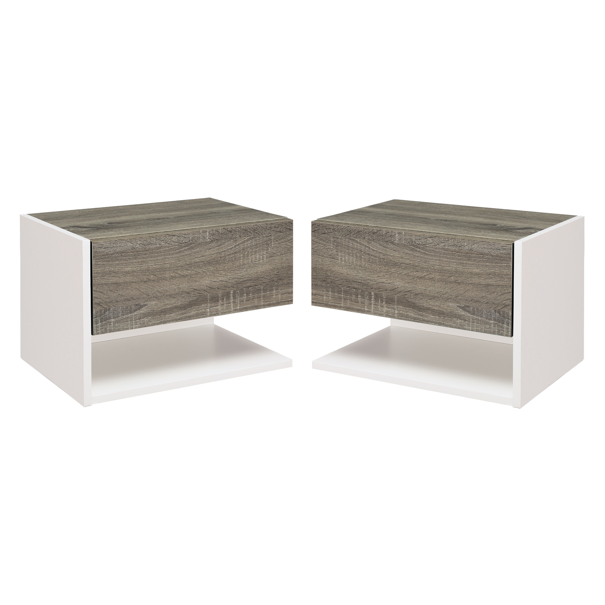HOMCOM Juego de 2 Mesitas de Noche Flotantes de Madera con 1 Cajón y Estante Abierto Diseño Montado en Pared Moderno 46x30x30 cm Roble y Blanco