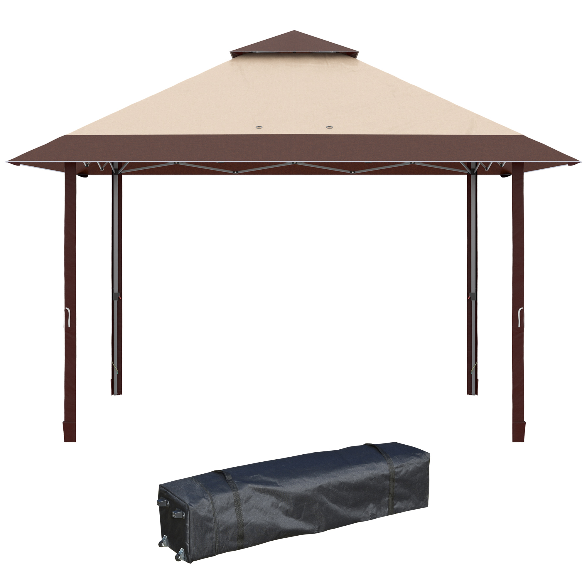 Outsunny Carpa Plegable 3,85x3,85 m con Doble Techo Altura Ajustable y Bolsa de Transporte Impermeable Anti-UV Caqui y Café