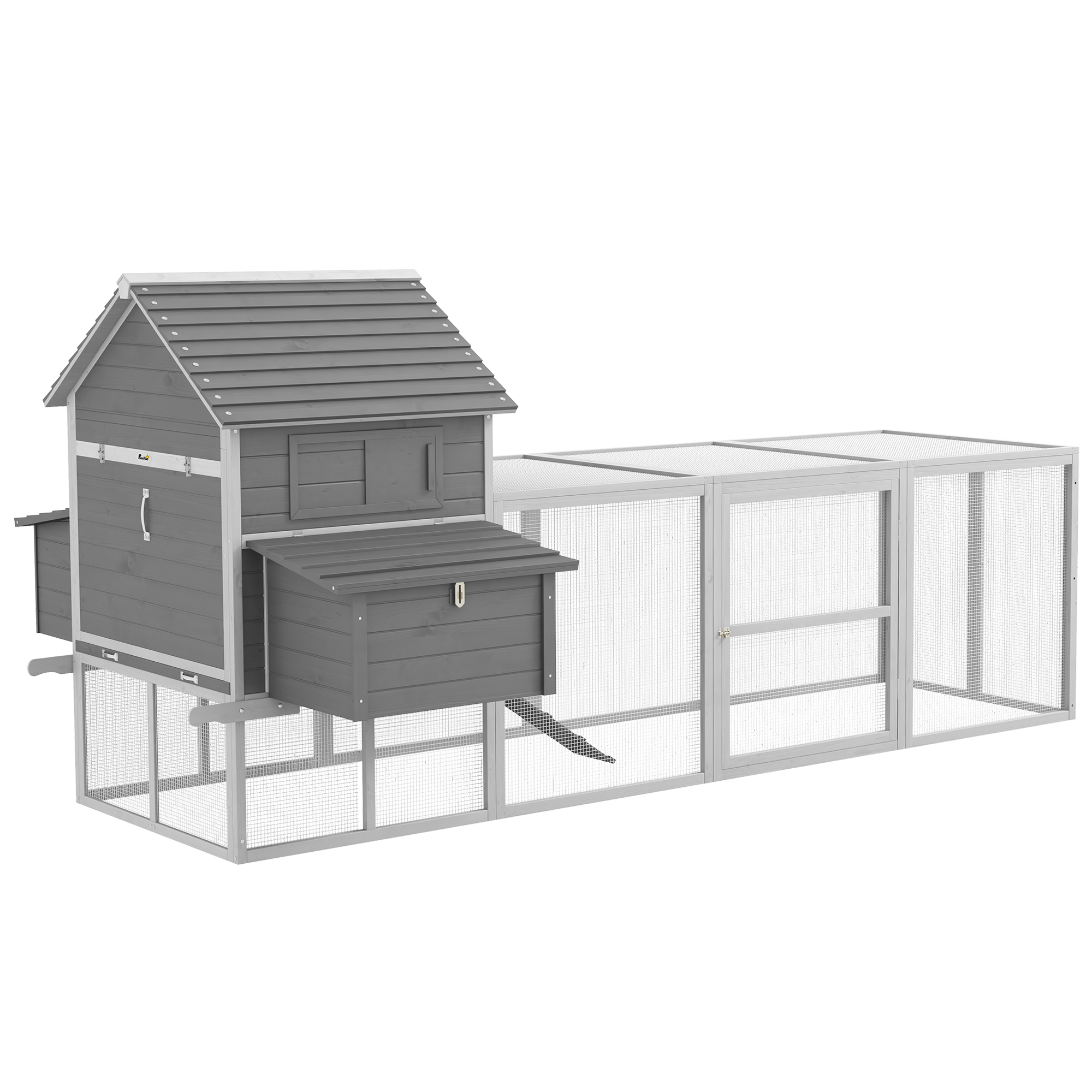 PawHut Gallinero de Madera 310,5x149,5x149cm Jaula para 4-6 Gallinas con 2 Ventanas Puertas Nido Bandeja Extraíble y Rampa Gris