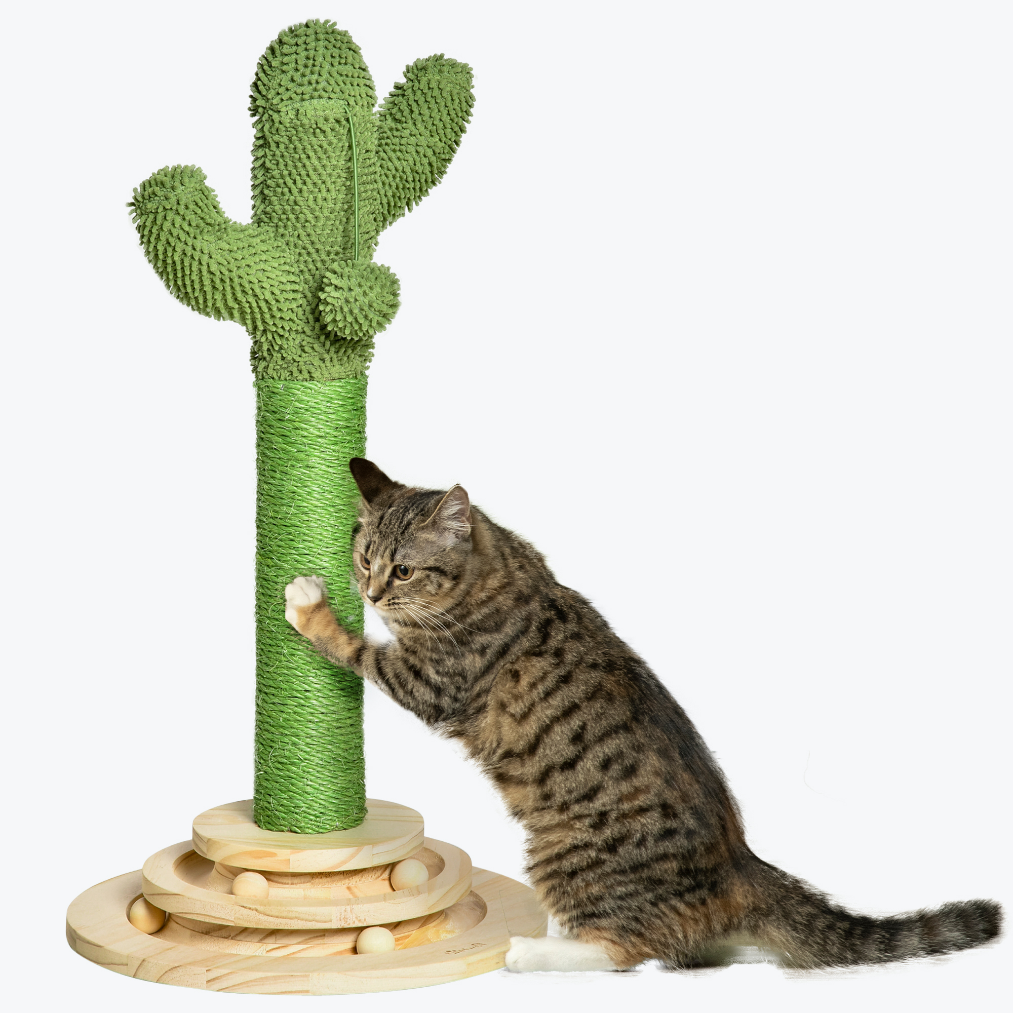 PawHut Poste Rascador para Gatos en Forma de Cactus Árbol Rascador para Gatos con Poste de Sisal y Felpa Pelota Colgante y Base con Juego de Madera