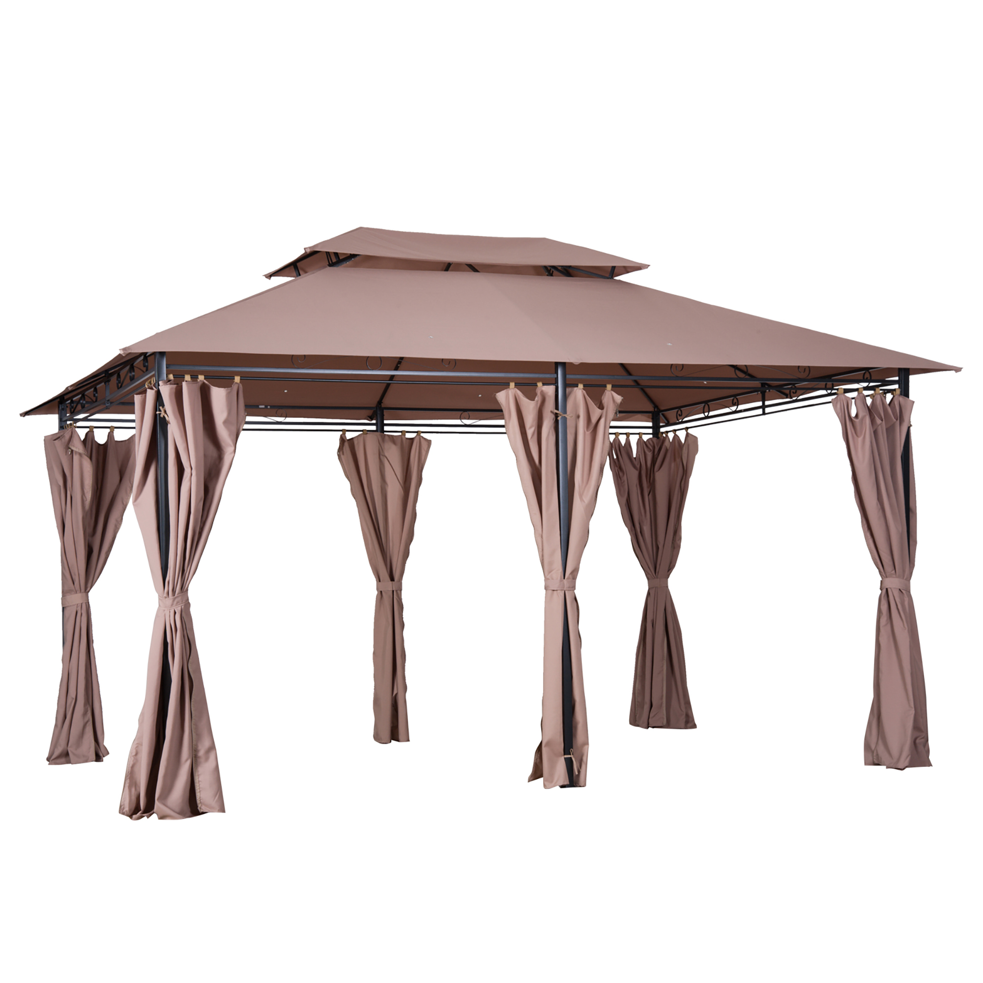 Outsunny Gazebo de Exterior 3x4 m con Paredes Laterales Doble Techo 6 Puertas con Cremallera y 8 Orificios de Drenaje Caqui