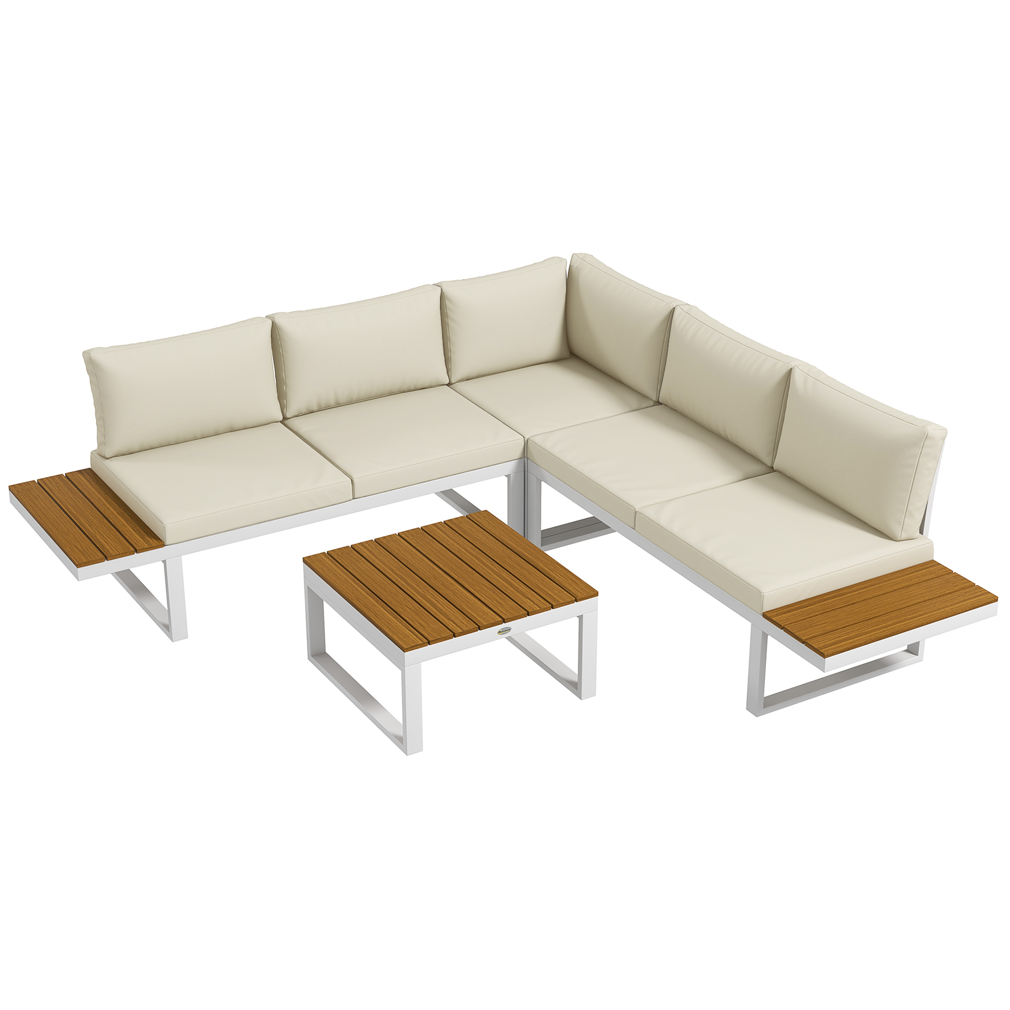 Outsunny Juego de Muebles de Terraza Incluye 2 Sofás Dobles 1 Sofá Esquinero Reclinable y Mesa de Centro con Cojines Crema