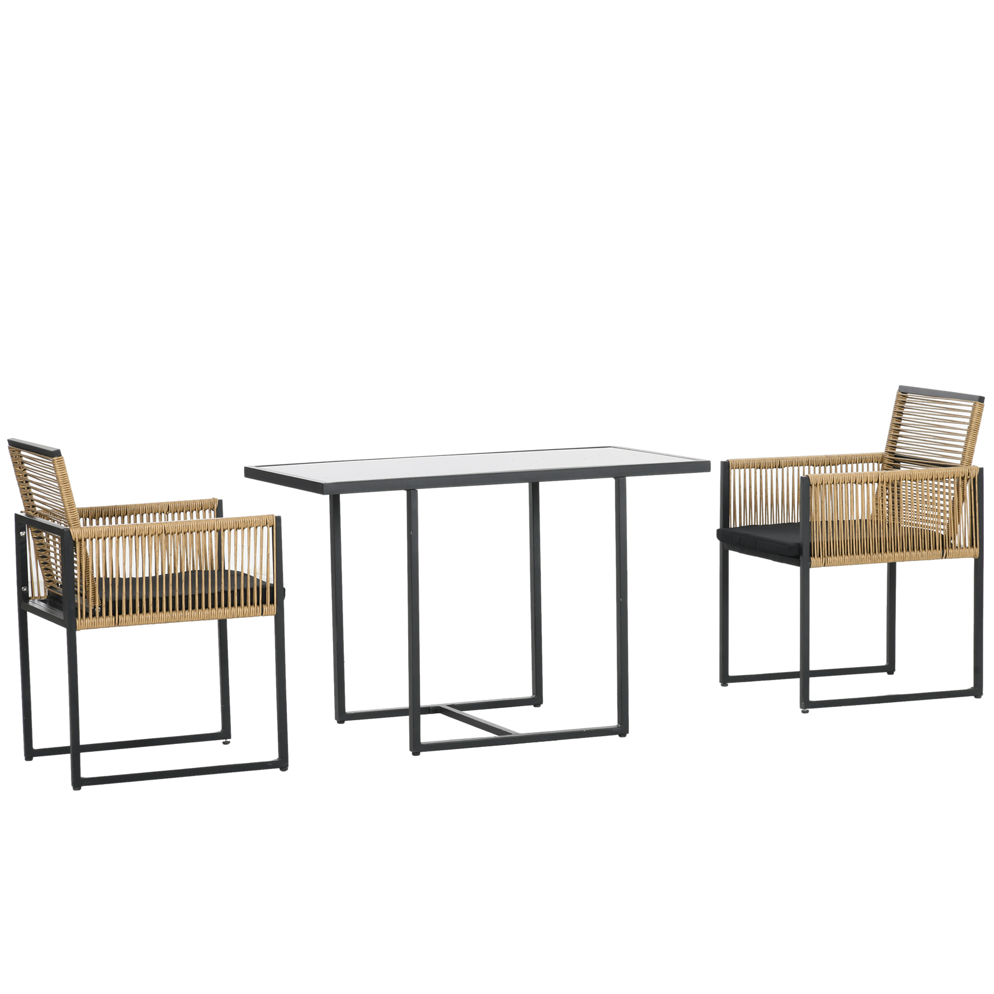 Outsunny Set de Mesa de Cristal y 2 Sillas de Ratán Sintético con Respaldos Plegables Diseño Anidado con Cojines Natural y Negro