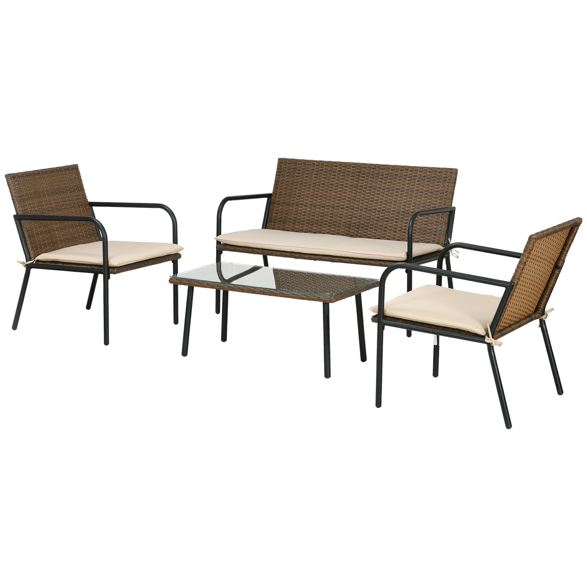 Outsunny Conjunto de Jardín de Ratán Sintético con 2 Sillones 1 Sofá de 2 Plazas y 1 Mesa de Cristal Templado Multicolor