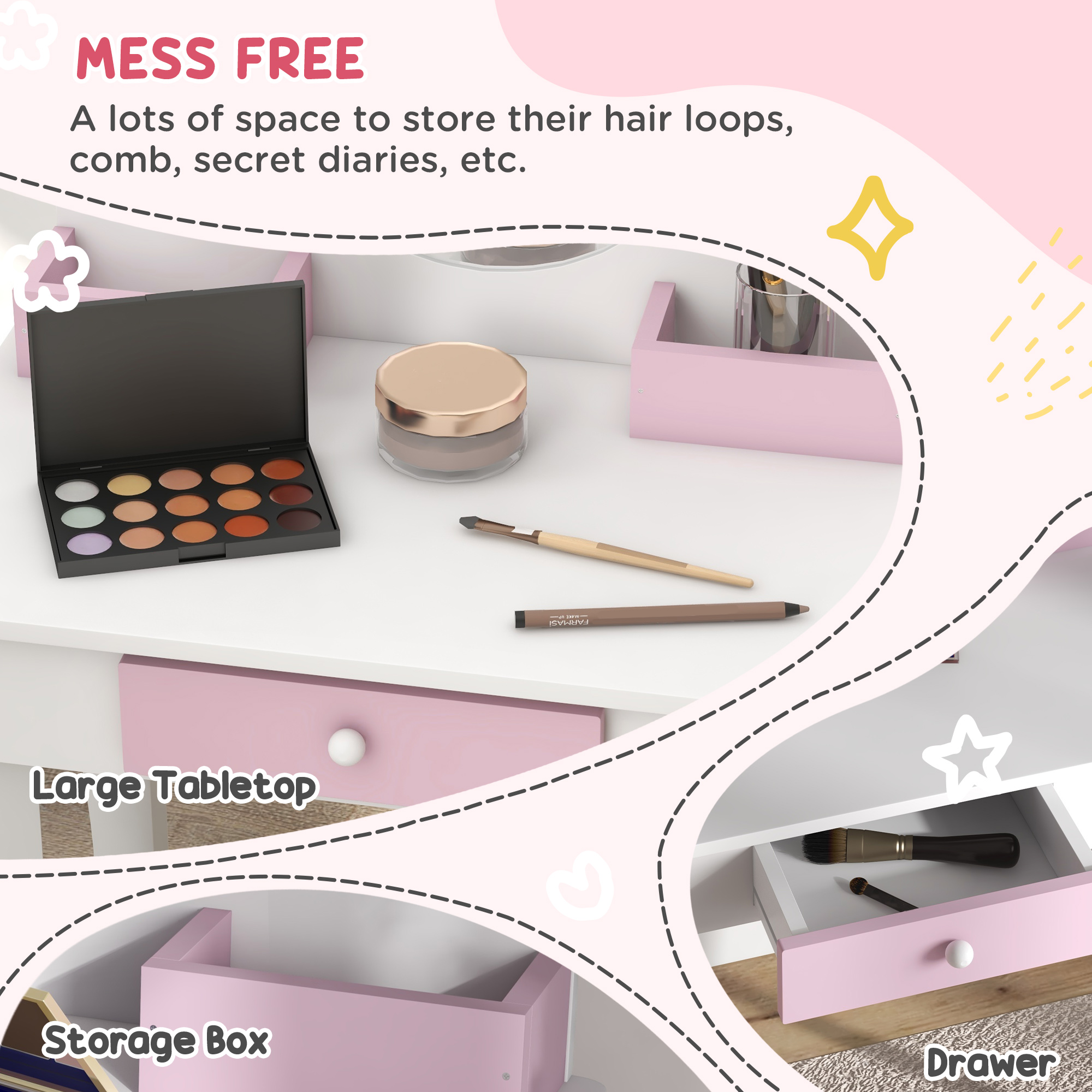 ZONEKIZ Unicorn Themed Children's Bedroom Set with Dressing Table, Mirror, Stool, and Toddler Bed Frame, 3-6 Years, Multicolour