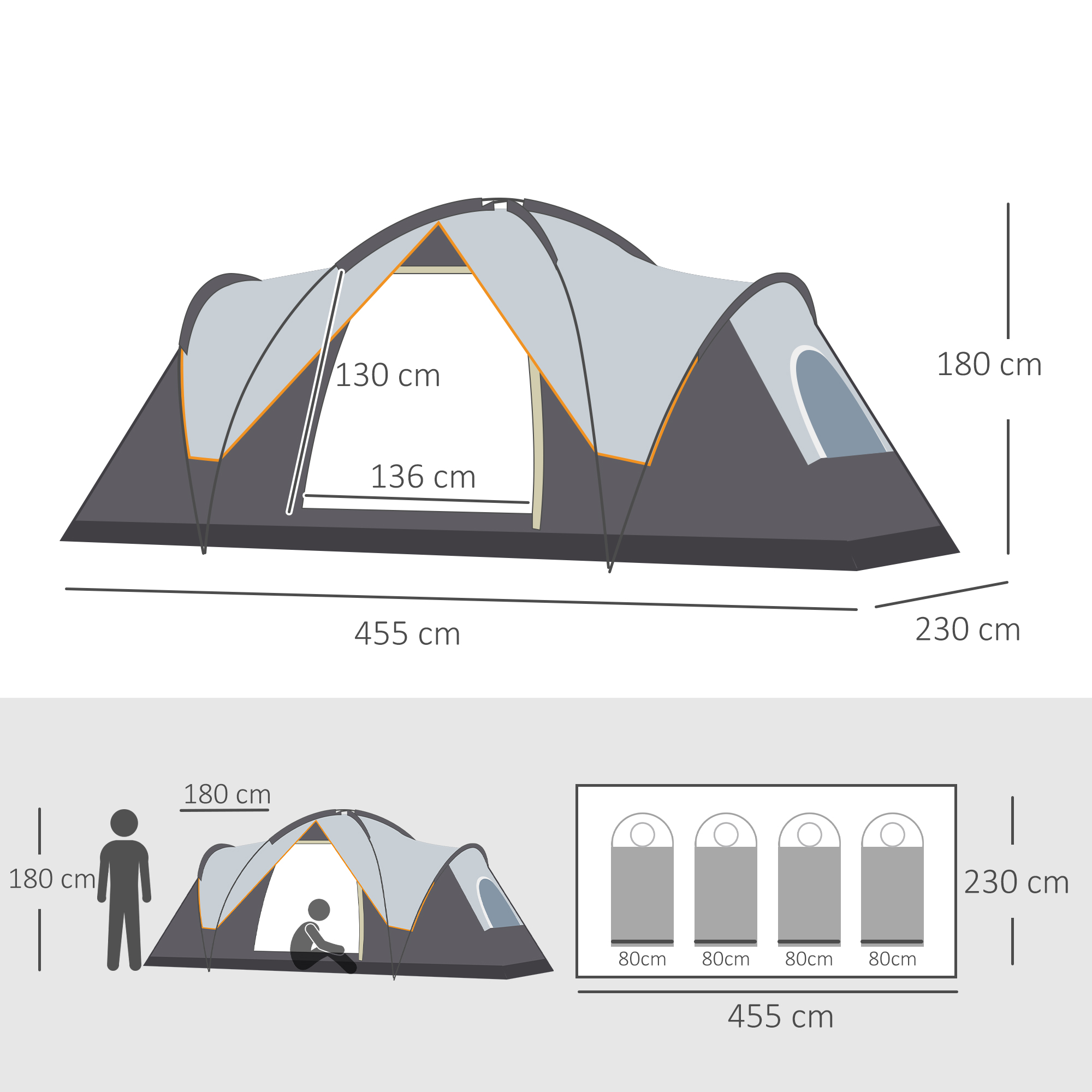 Outsunny 5-6 Man Dome Camping Tent Hiking Shelter UV Protection 3000mm Water Resistant Tunnel Tent - Multicolor