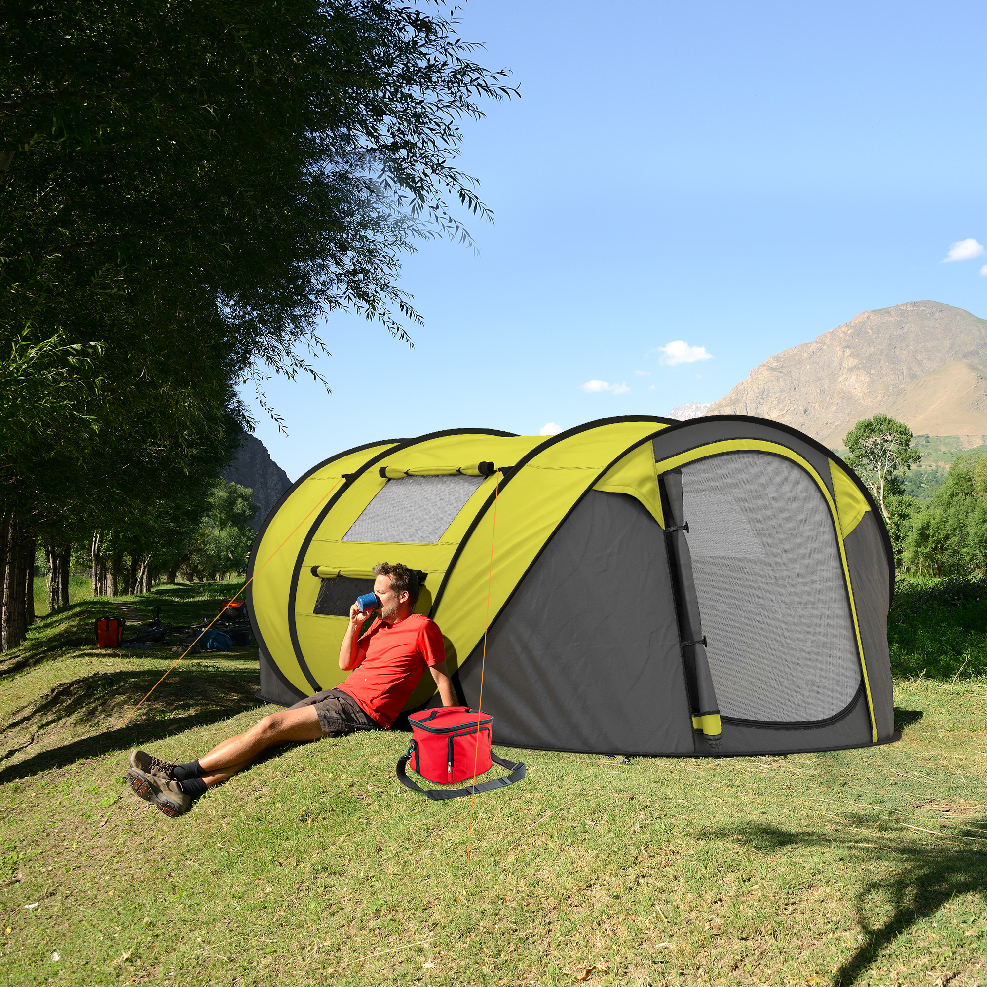 Outsunny 4-5 Person Pop-up Camping Tent Waterproof Family Tent w/ 2 Mesh Windows & PVC Windows Portable Carry Bag for Outdoor Trip, Yellow