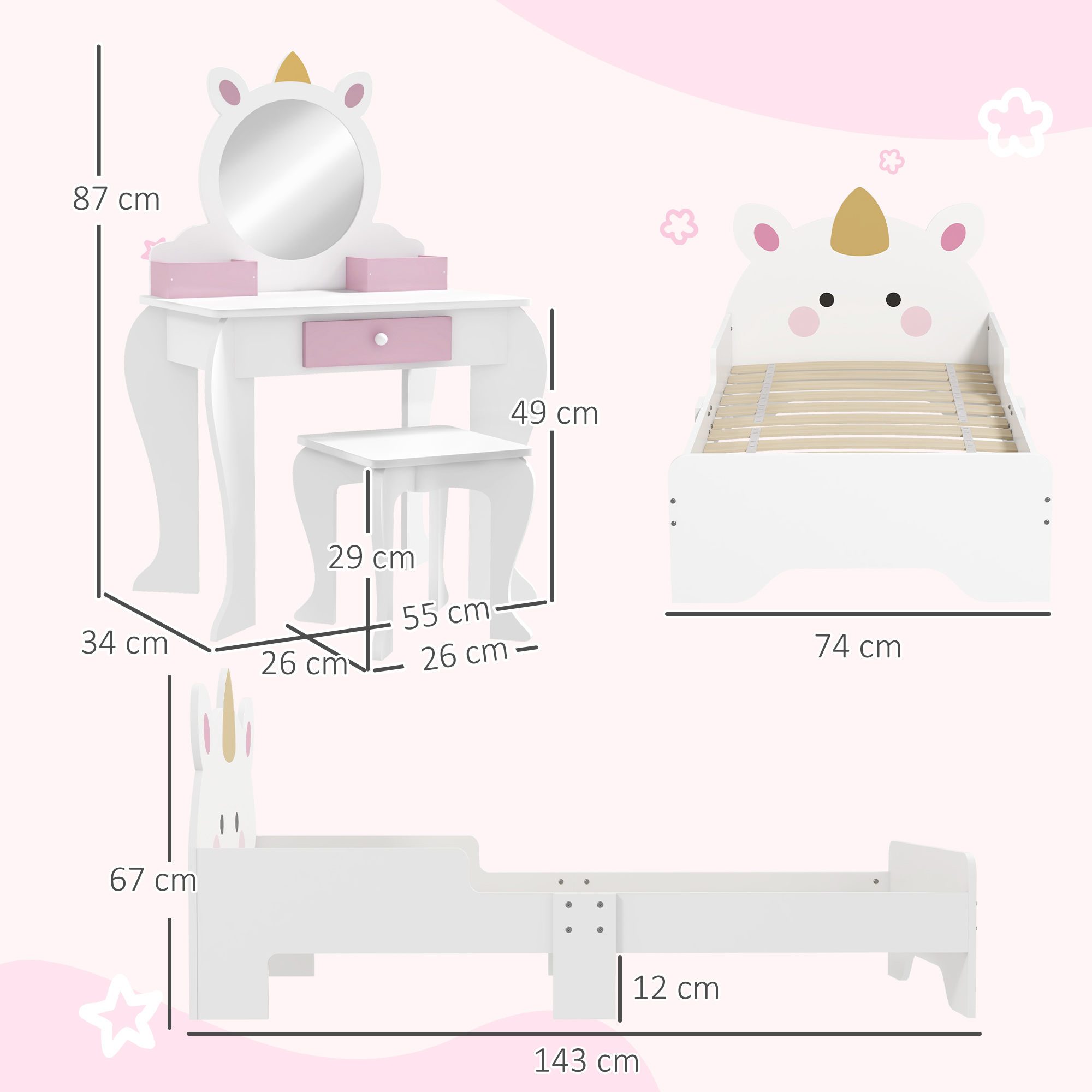ZONEKIZ Unicorn Themed Children's Bedroom Set with Dressing Table, Mirror, Stool, and Toddler Bed Frame, 3-6 Years, Multicolour
