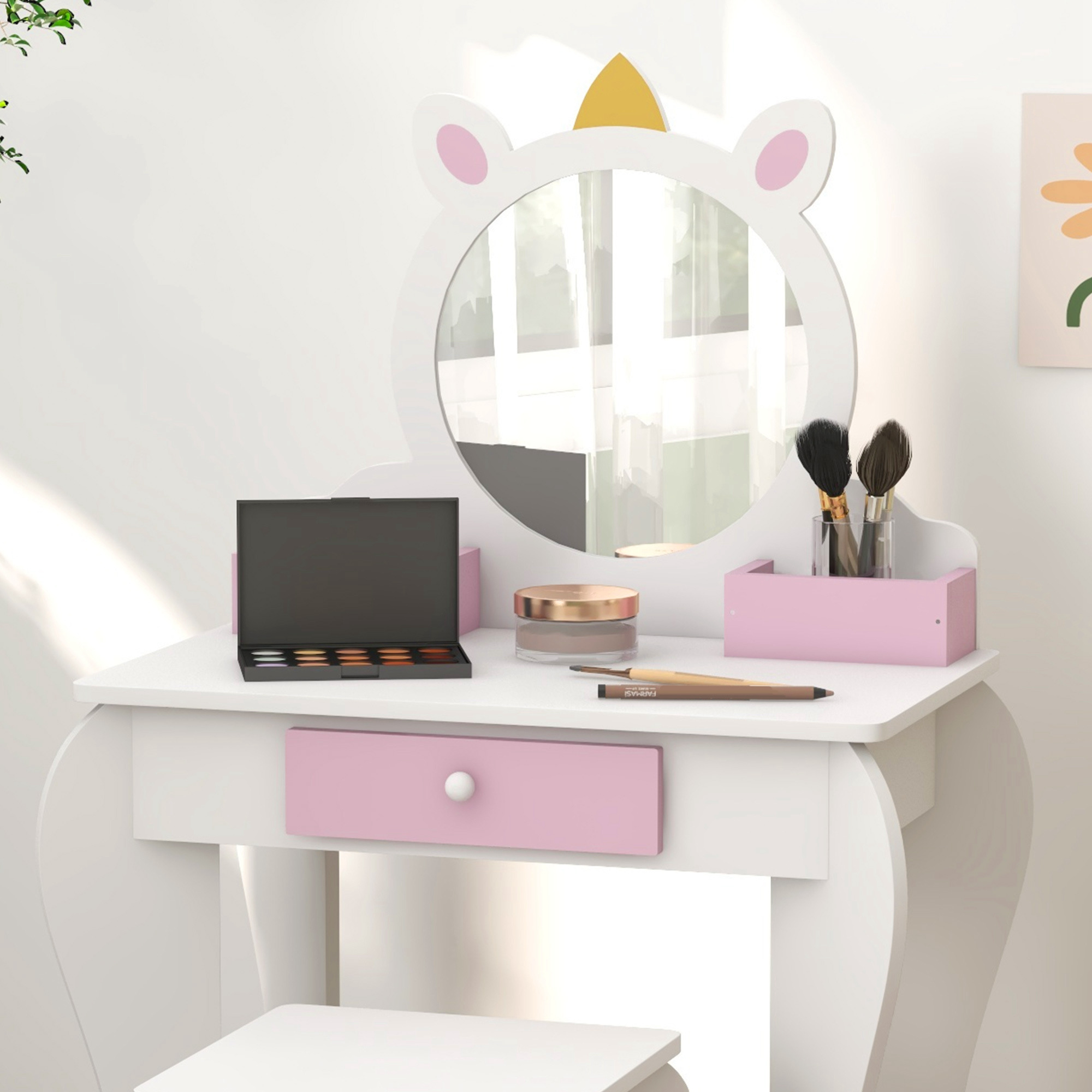 ZONEKIZ Unicorn Themed Children's Bedroom Set with Dressing Table, Mirror, Stool, and Toddler Bed Frame, 3-6 Years, Multicolour