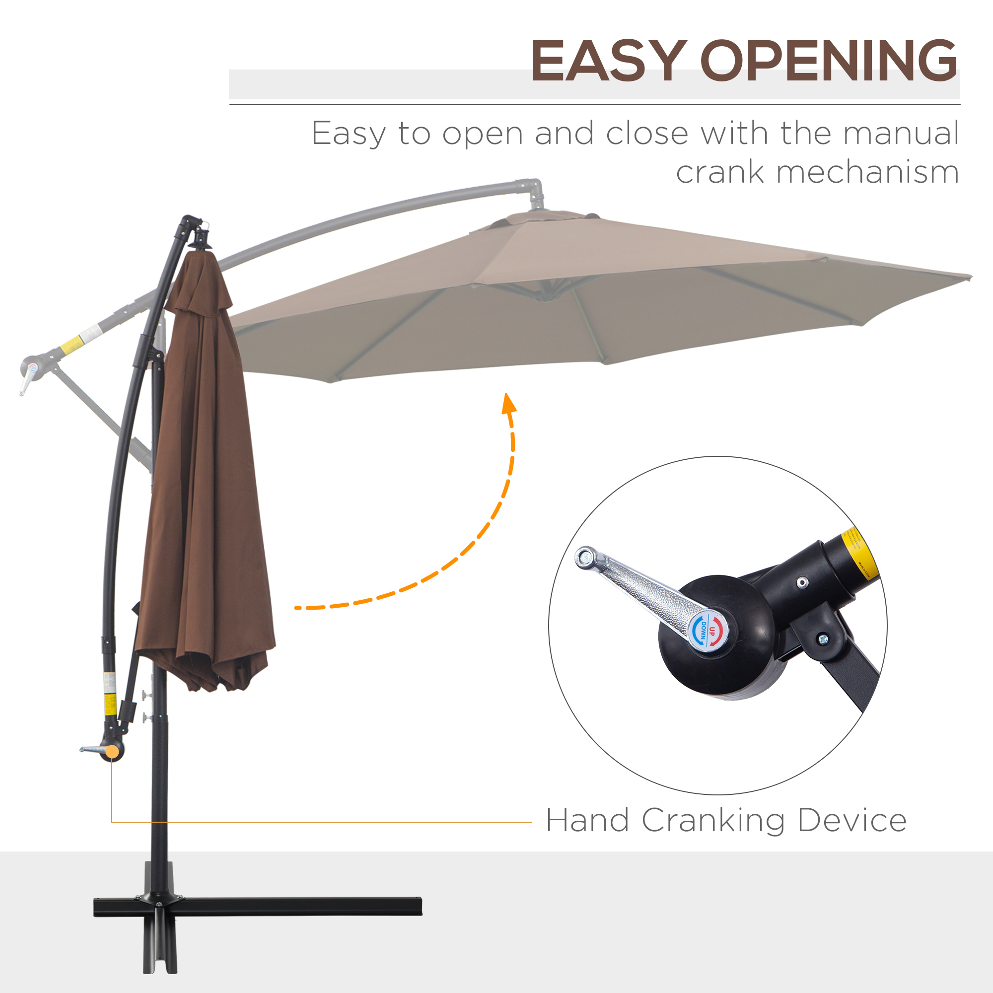 Outsunny 3M Brown Cantilever Umbrella, Hanging Banana Parasol, Steel Frame, for Patio Sun Shade