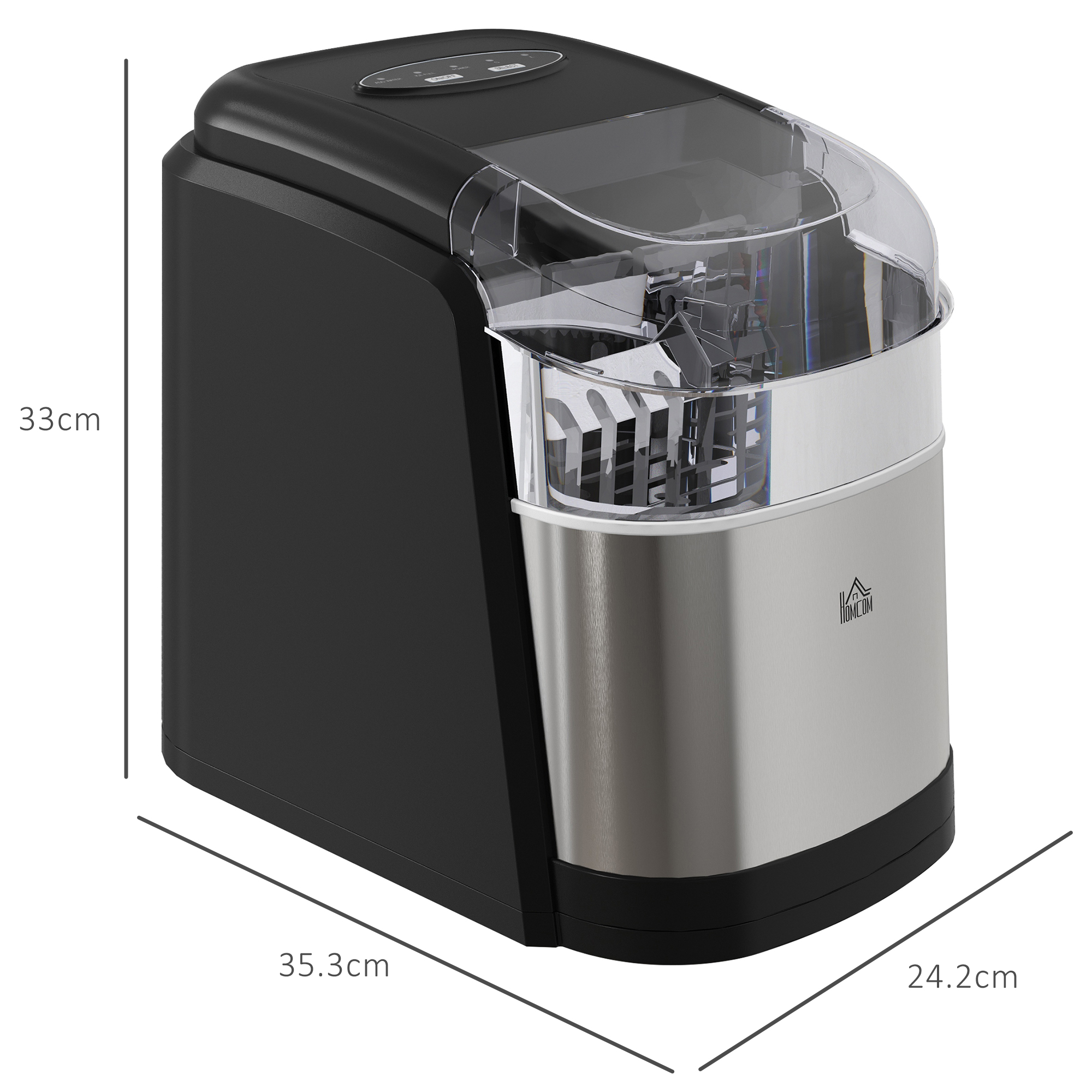HOMCOM Ice Maker Machine Countertop, 12Kg in 24 Hrs, 9 Cubes Ready in 6-12Mins, Portable Ice Cube Maker w/ 2 Ice Cube Sizes, Self-Cleaning