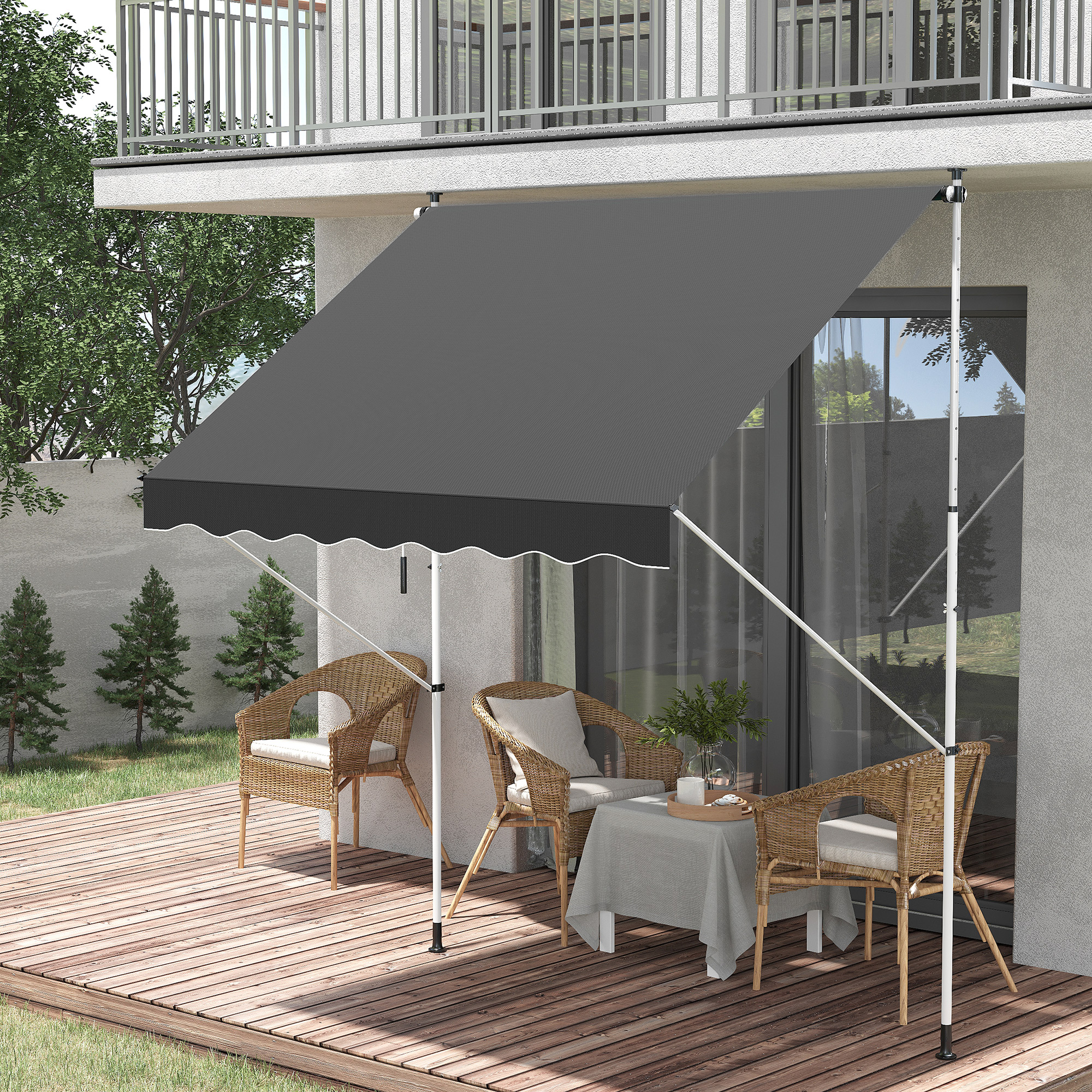 Outsunny Balcony 2 x 1.5m Manual Adjustable Awning DIY Patio Clamp Awning Canopy  Retractable Shade Shelter - Grey