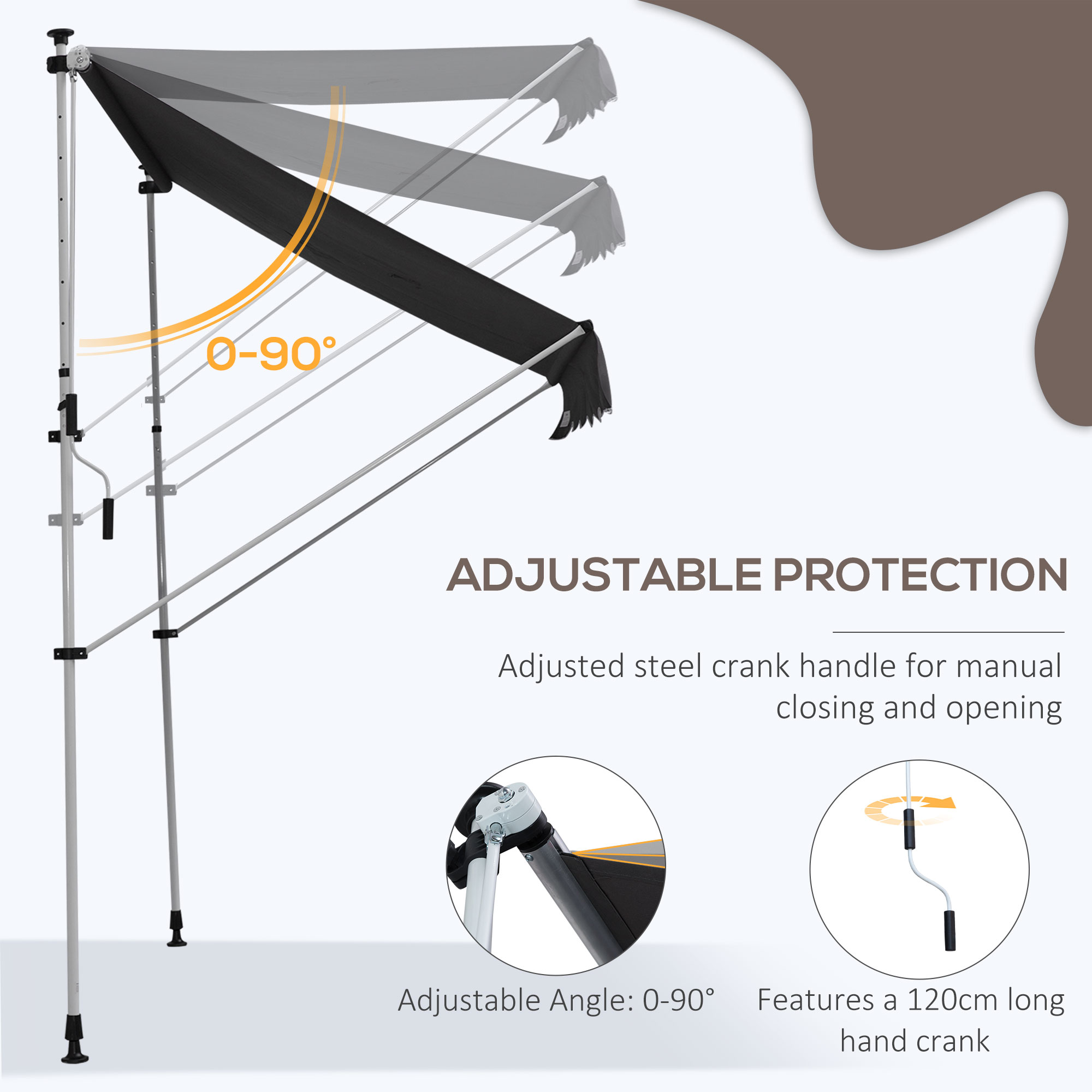 Outsunny Balcony 2 x 1.5m Manual Adjustable Awning DIY Patio Clamp Awning Canopy  Retractable Shade Shelter - Grey