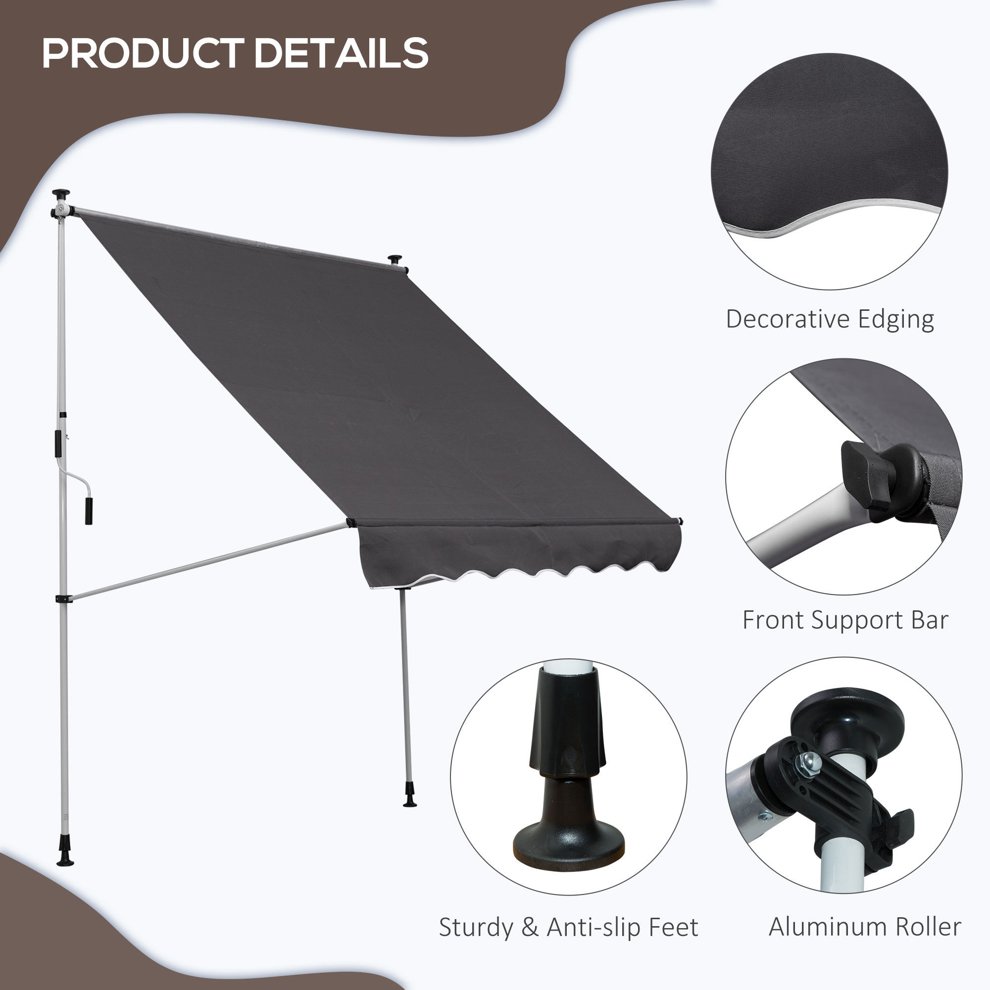 Outsunny Balcony 2 x 1.5m Manual Adjustable Awning DIY Patio Clamp Awning Canopy  Retractable Shade Shelter - Grey
