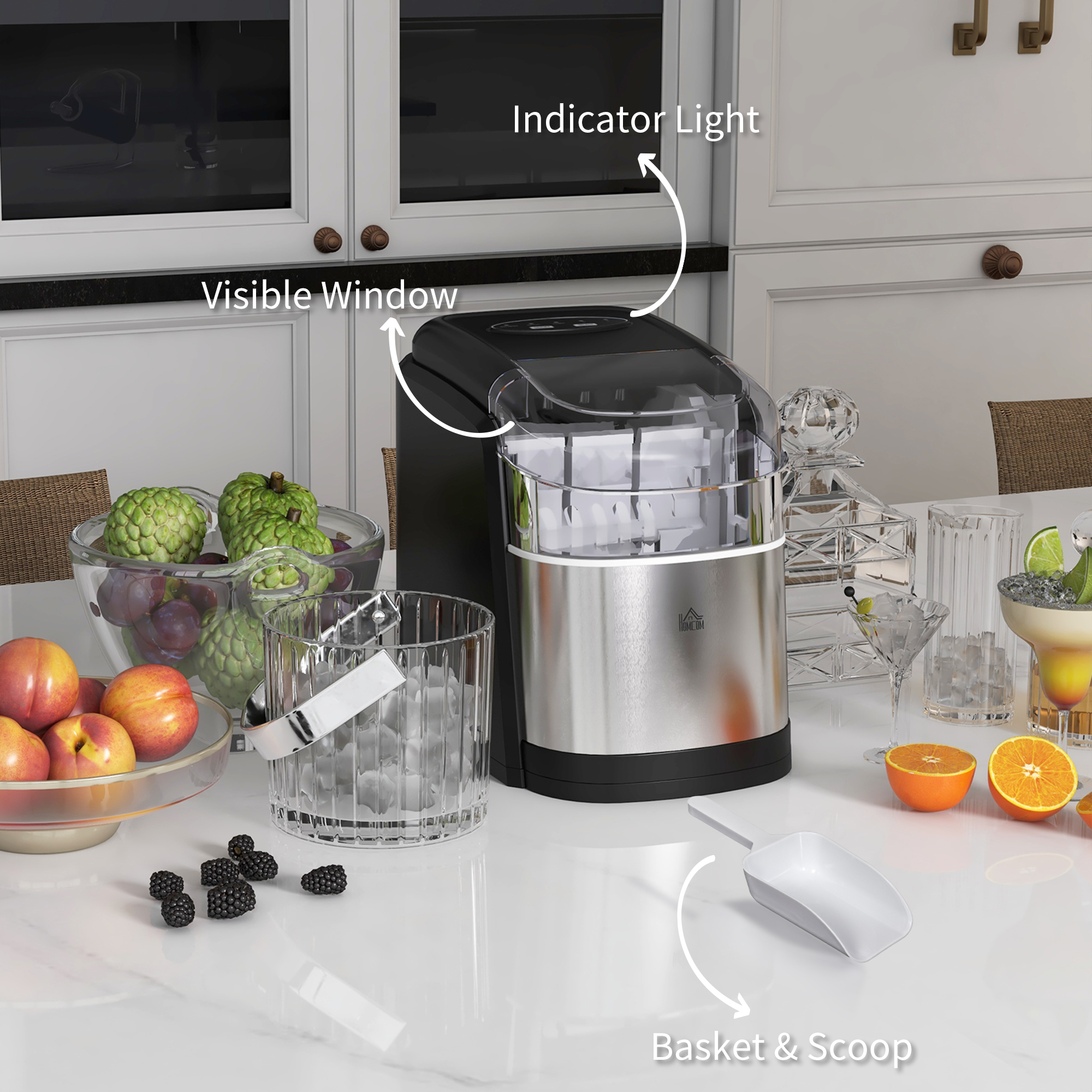 HOMCOM Ice Maker Machine Countertop, 12Kg in 24 Hrs, 9 Cubes Ready in 6-12Mins, Portable Ice Cube Maker w/ 2 Ice Cube Sizes, Self-Cleaning