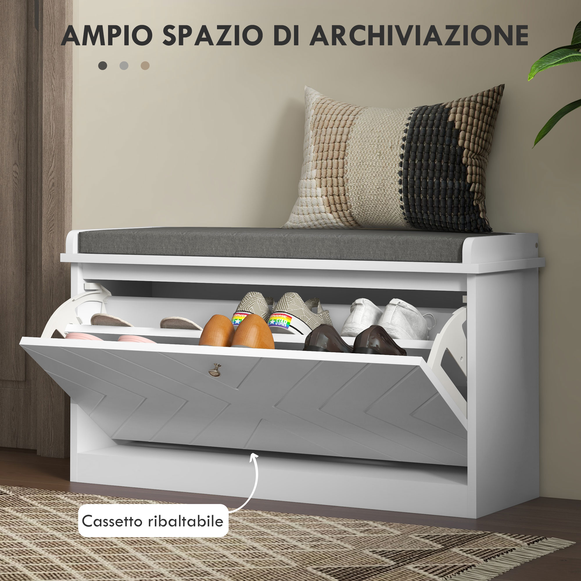 Panca Porta Scarpe Con Cassettiera E Ripiani: 8 Piedini Regolabili In Metallo, Colore Bianco