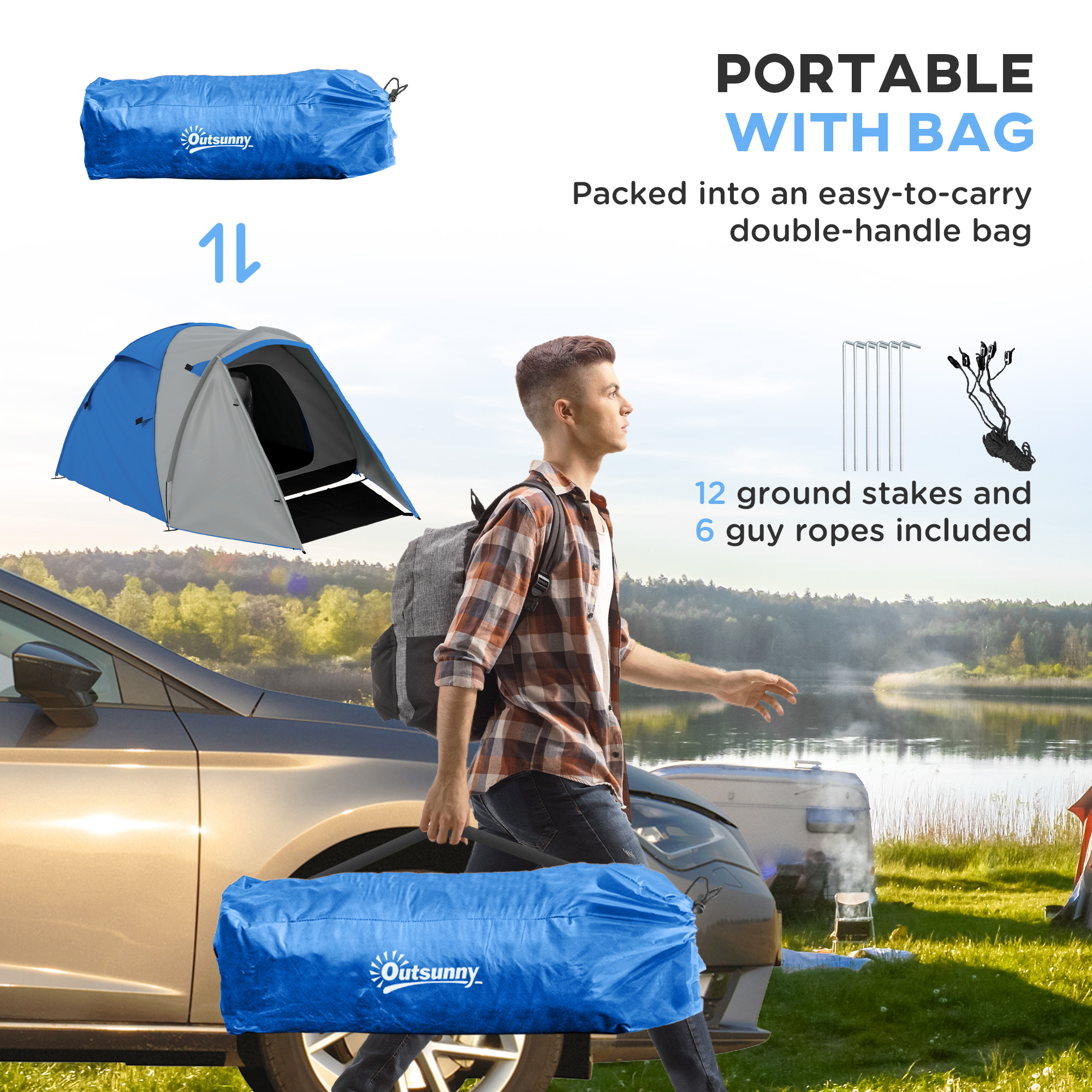 Outsunny Portable Family Camping Tent, 2-3 Person, Dual-Room, 2000mm Waterproof with Carry Bag for Outdoor Adventures, Blue
