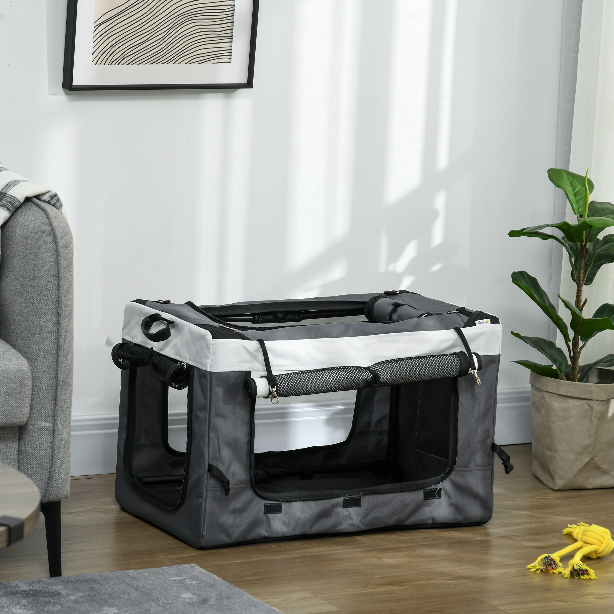 Koerakäru, lemmikloomade käru kuni 10 kg, kokkupandav, eemaldatava korviga, 81 x 58 x 97,5 cm, must + hall + valge