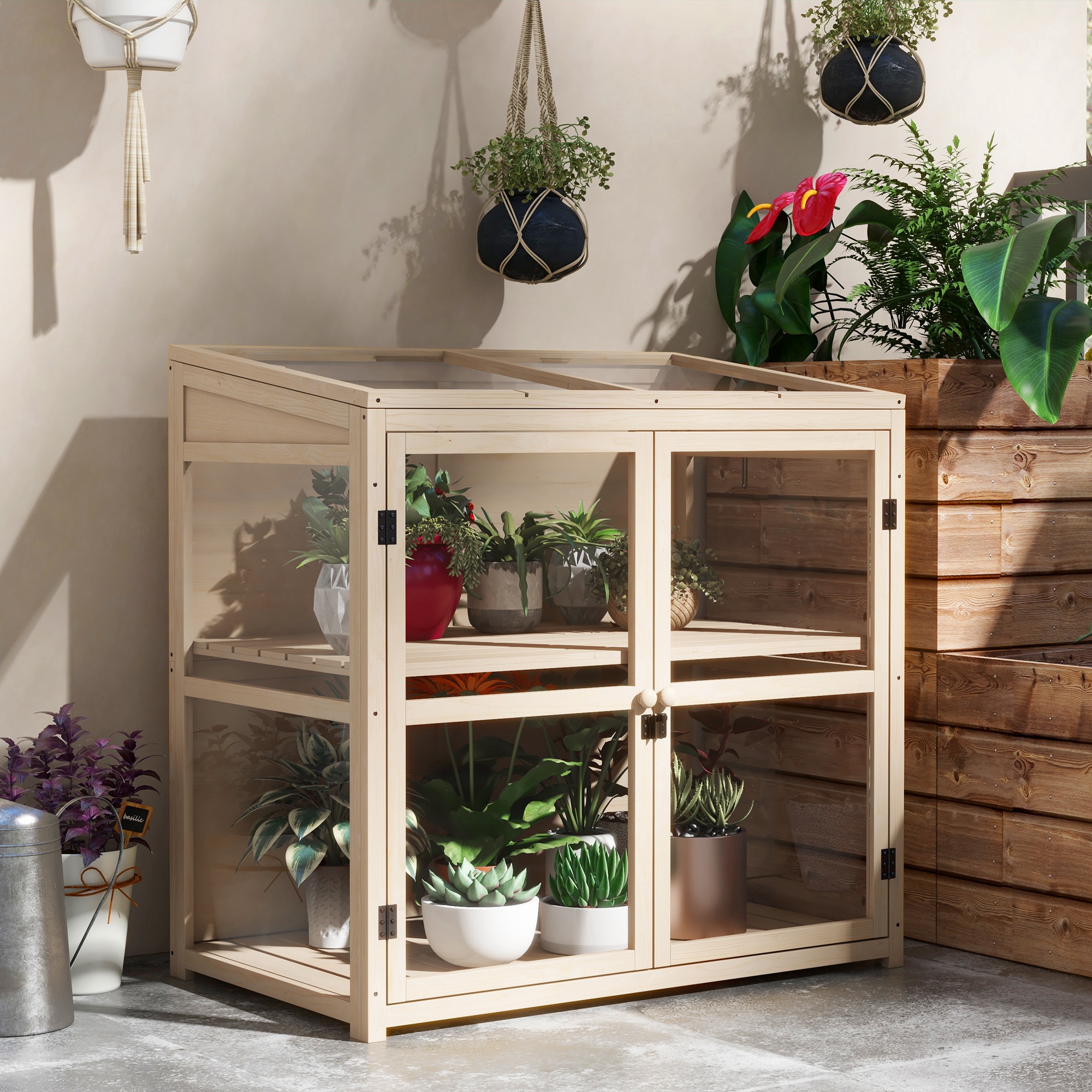 Outsunny Kweekbak Hoogbed Plantenbed, weerbeständig, 2 niveaus, Sparrenhout, 103 x 61 x 103 cm, Natuur