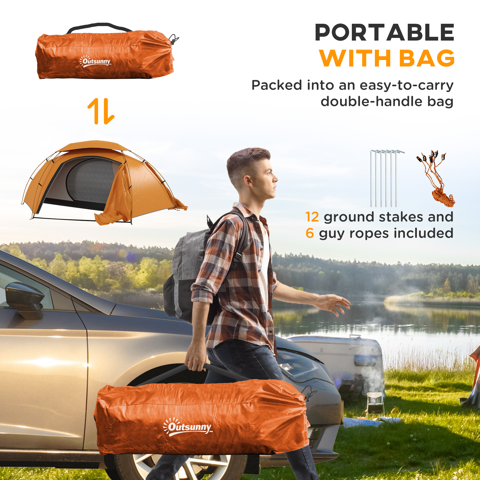 Outsunny Dome Camping Tent with Aluminium Frame, 2000mm Waterproof, Removable Rainfly, for 1-2 Persons, Orange