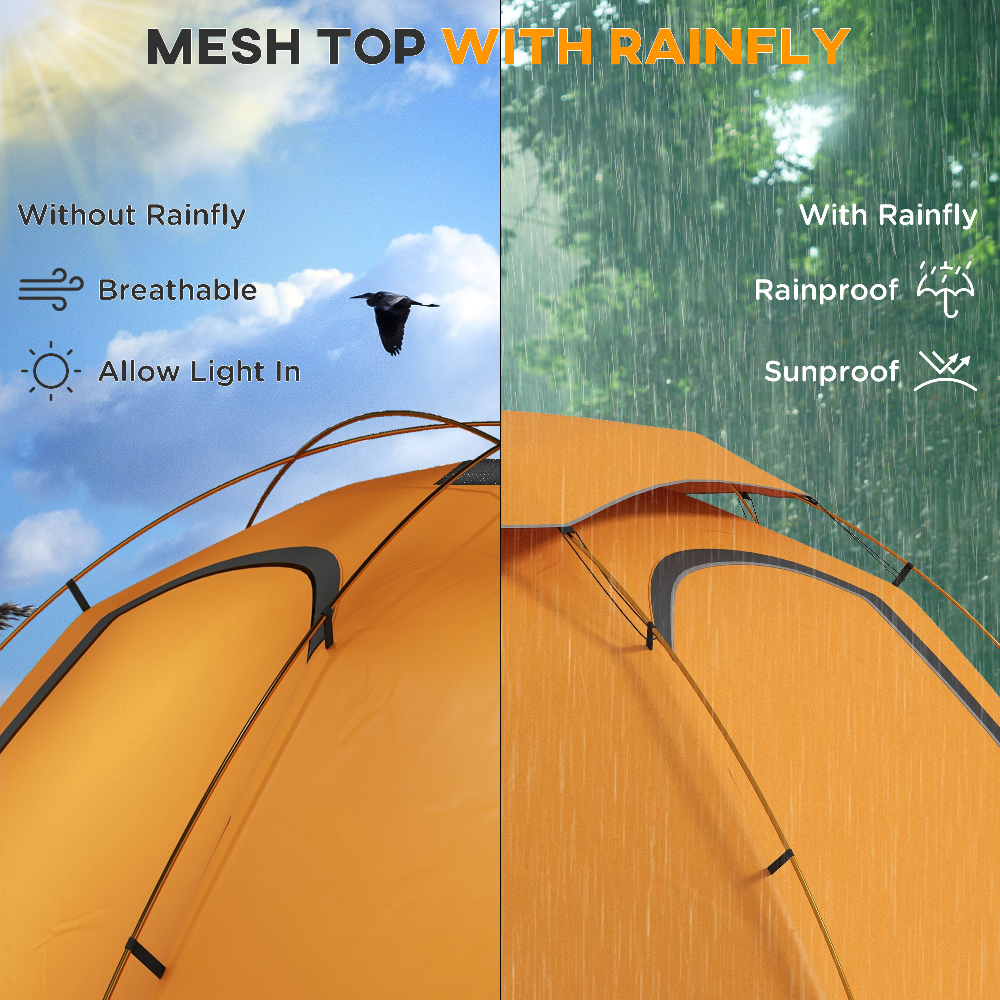 Outsunny Dome Camping Tent with Aluminium Frame, 2000mm Waterproof, Removable Rainfly, for 1-2 Persons, Orange