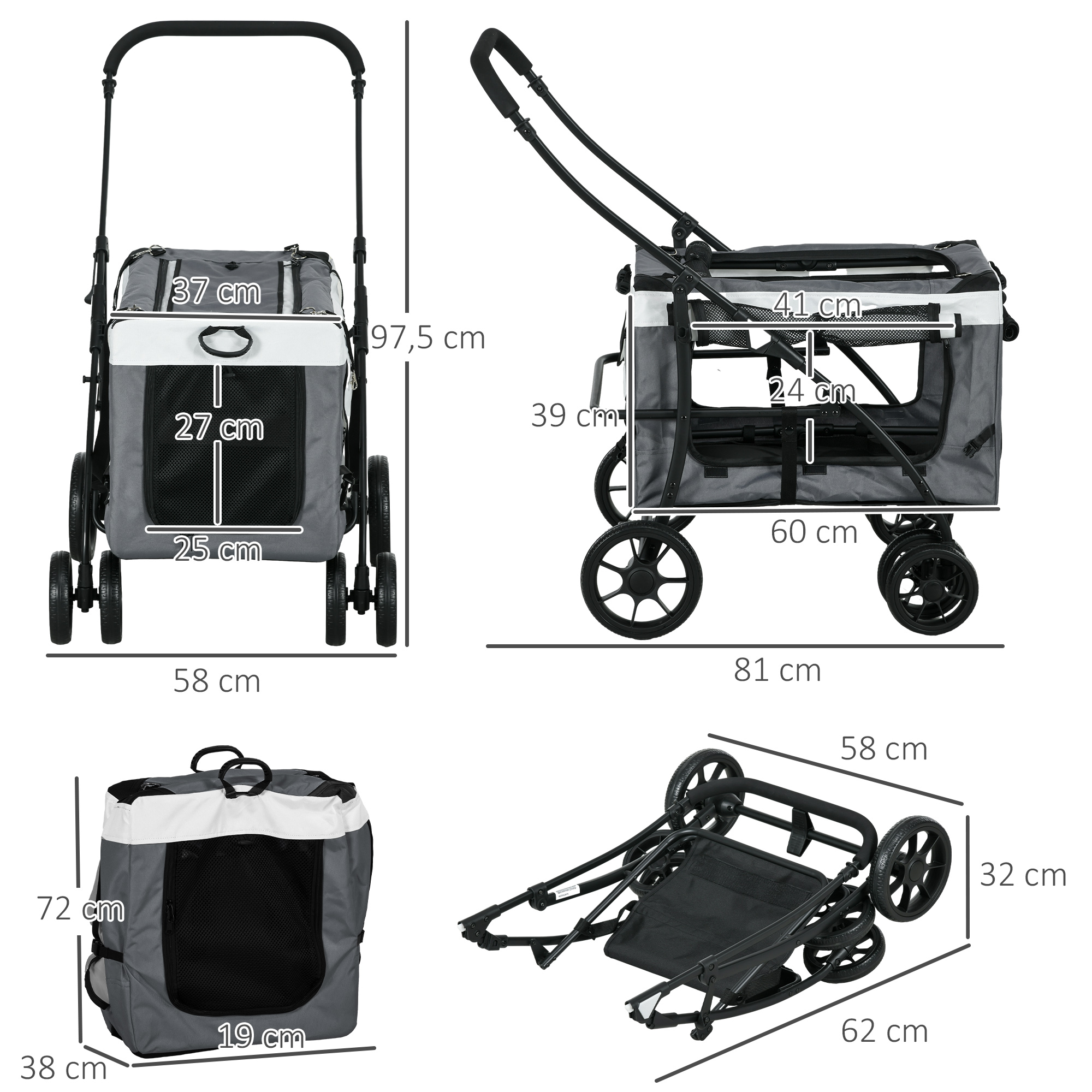 Koerakäru, lemmikloomade käru kuni 10 kg, kokkupandav, eemaldatava korviga, 81 x 58 x 97,5 cm, must + hall + valge
