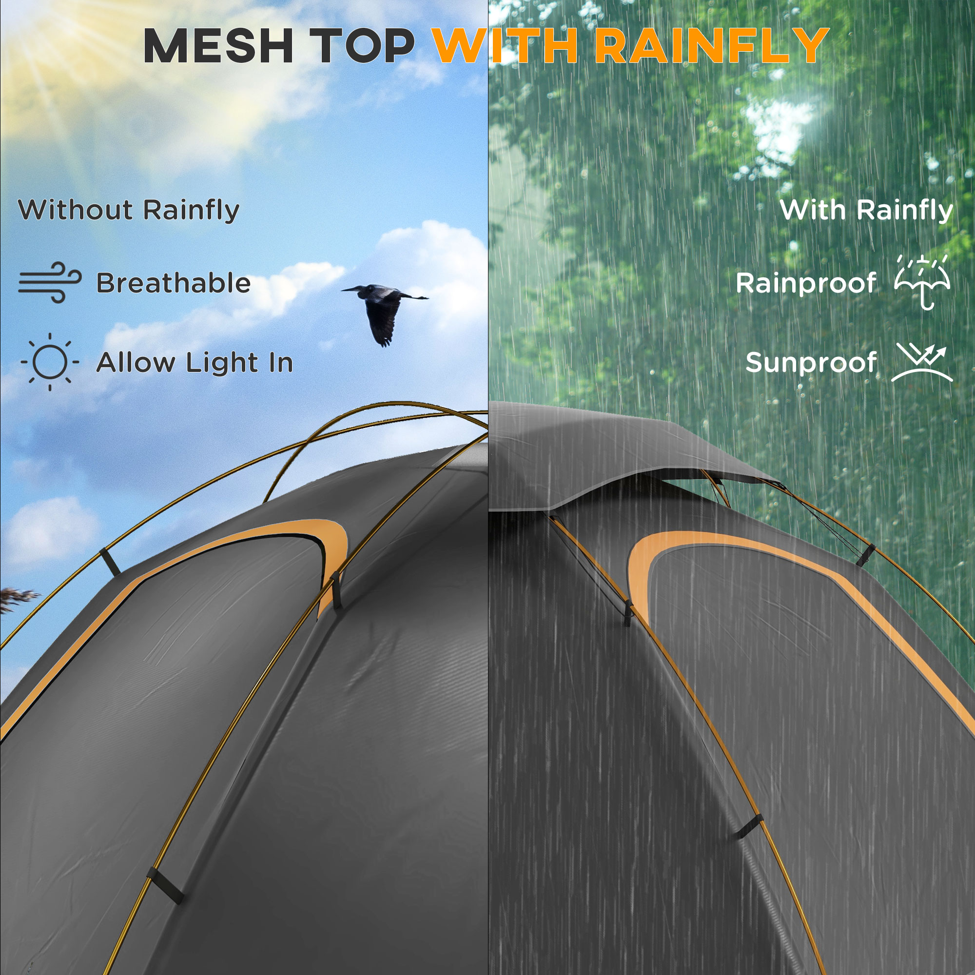 Outsunny Dome Camping Tent with Aluminium Frame, Removable Rainfly, 2000mm Waterproof, for 1-2 Persons, Grey