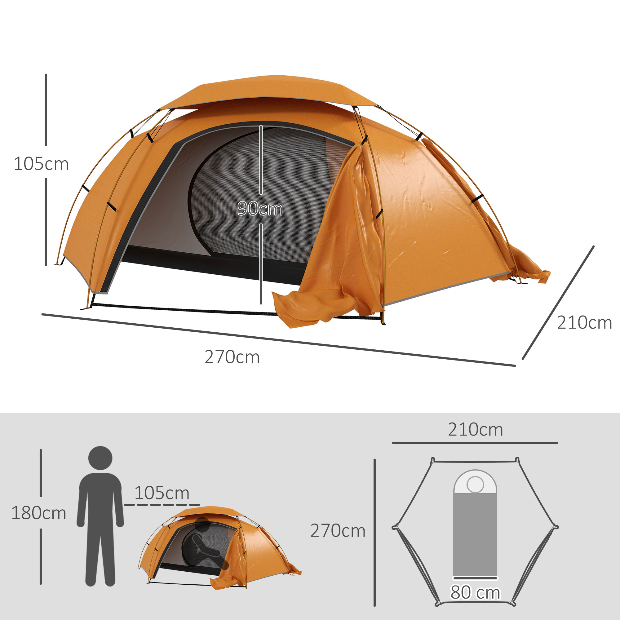 Outsunny Dome Camping Tent with Aluminium Frame, 2000mm Waterproof, Removable Rainfly, for 1-2 Persons, Orange