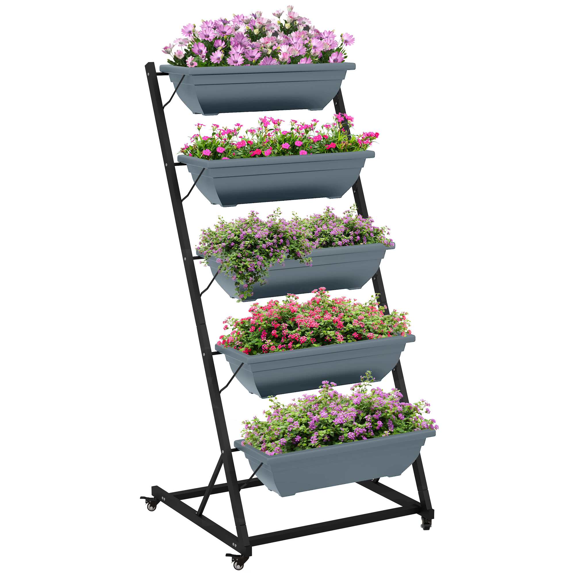 Outsunny plantenstandaard, 5 niveaus, met 4 wielen, gemakkelijk te verplaatsen, afvoergaten, 10 kg per planter, 65 x 67 x 145 cm, Grijs | Aosom.nl