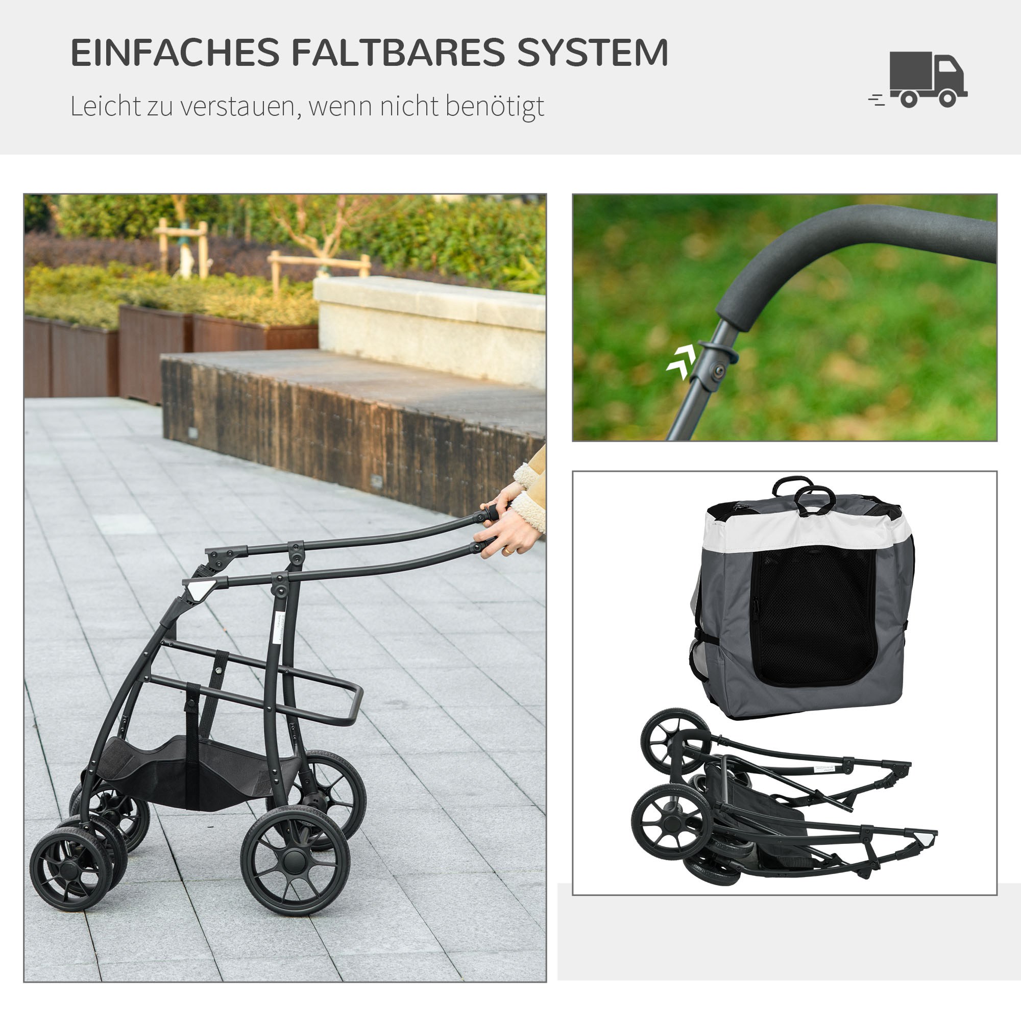 Koerakäru, lemmikloomade käru kuni 10 kg, kokkupandav, eemaldatava korviga, 81 x 58 x 97,5 cm, must + hall + valge
