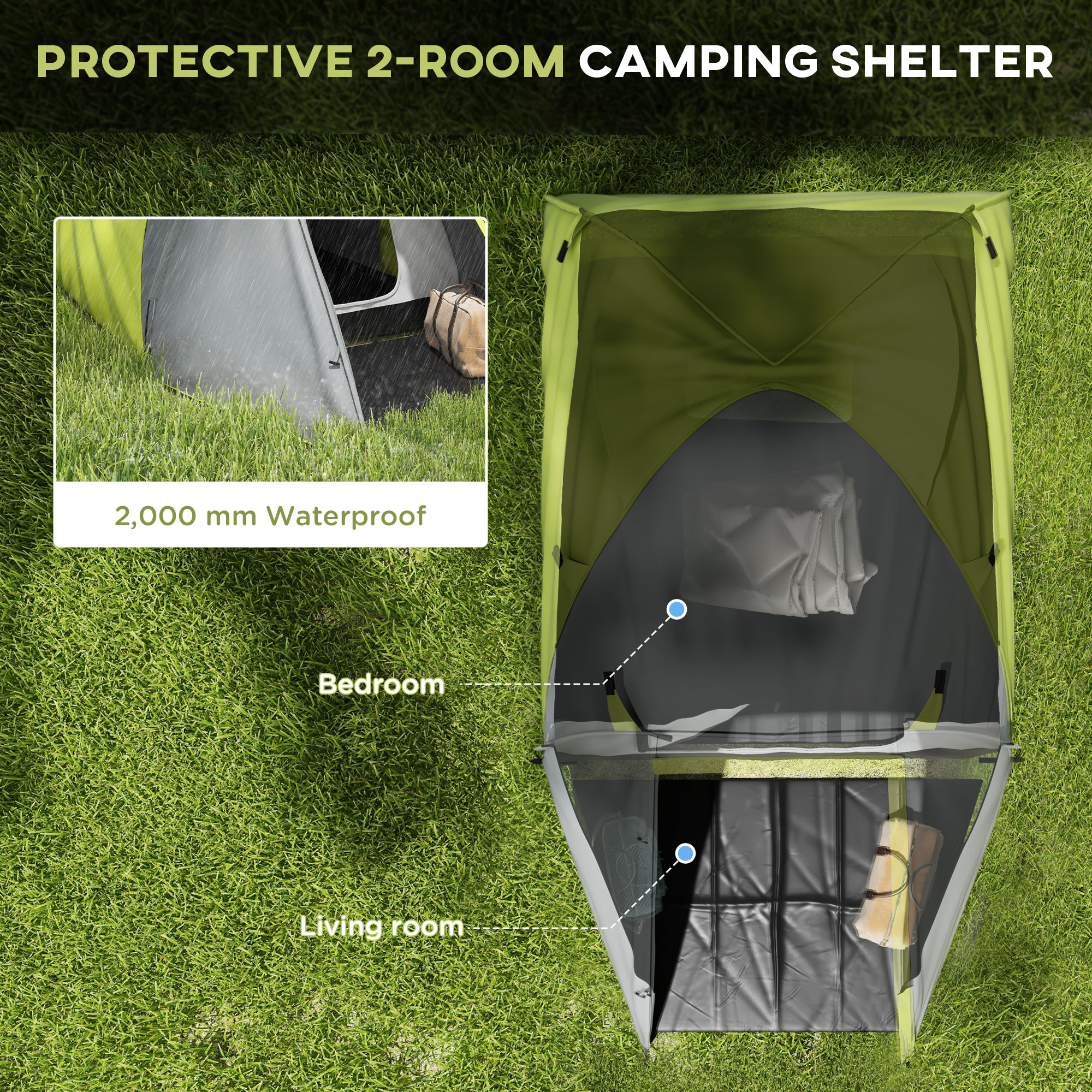 Outsunny Waterproof Camping Tent for 2-3 Persons with Dual Rooms, Portable, Ideal for Fishing Hiking Festivals, Yellow