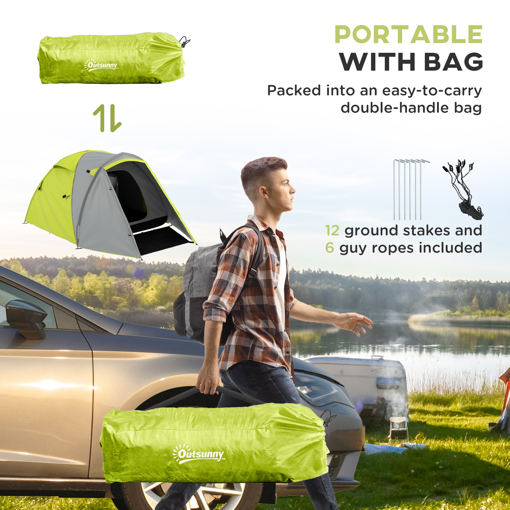 Outsunny Waterproof Camping Tent for 2-3 Persons with Dual Rooms, Portable, Ideal for Fishing Hiking Festivals, Yellow