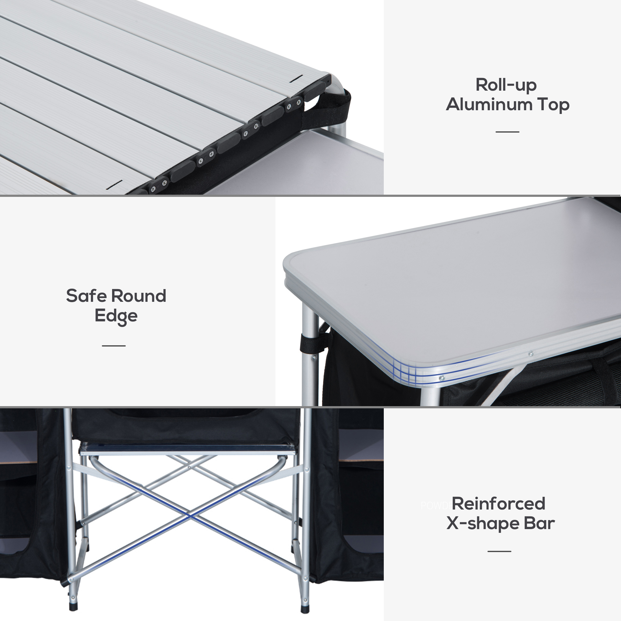 Outsunny Portable Folding Camping Kitchen Table with Windscreen, Storage Cupboards, Aluminium Frame for BBQs, Parties, Picnics